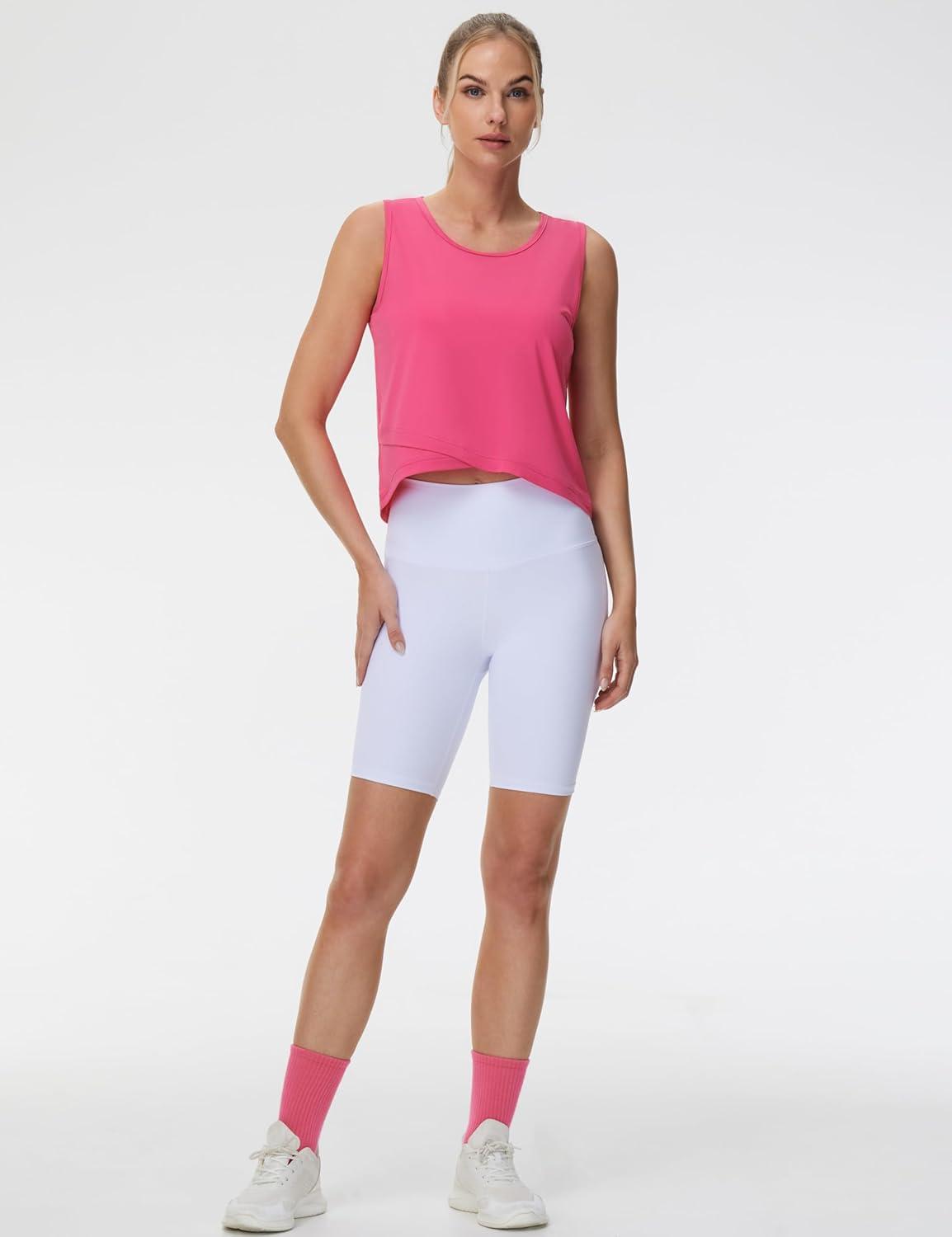 imageTHE GYM PEOPLE Womens Workout Crop Tank Tops Sleeveless Cross Hem Loose Fit Athletic Yoga ShirtsBright Pink