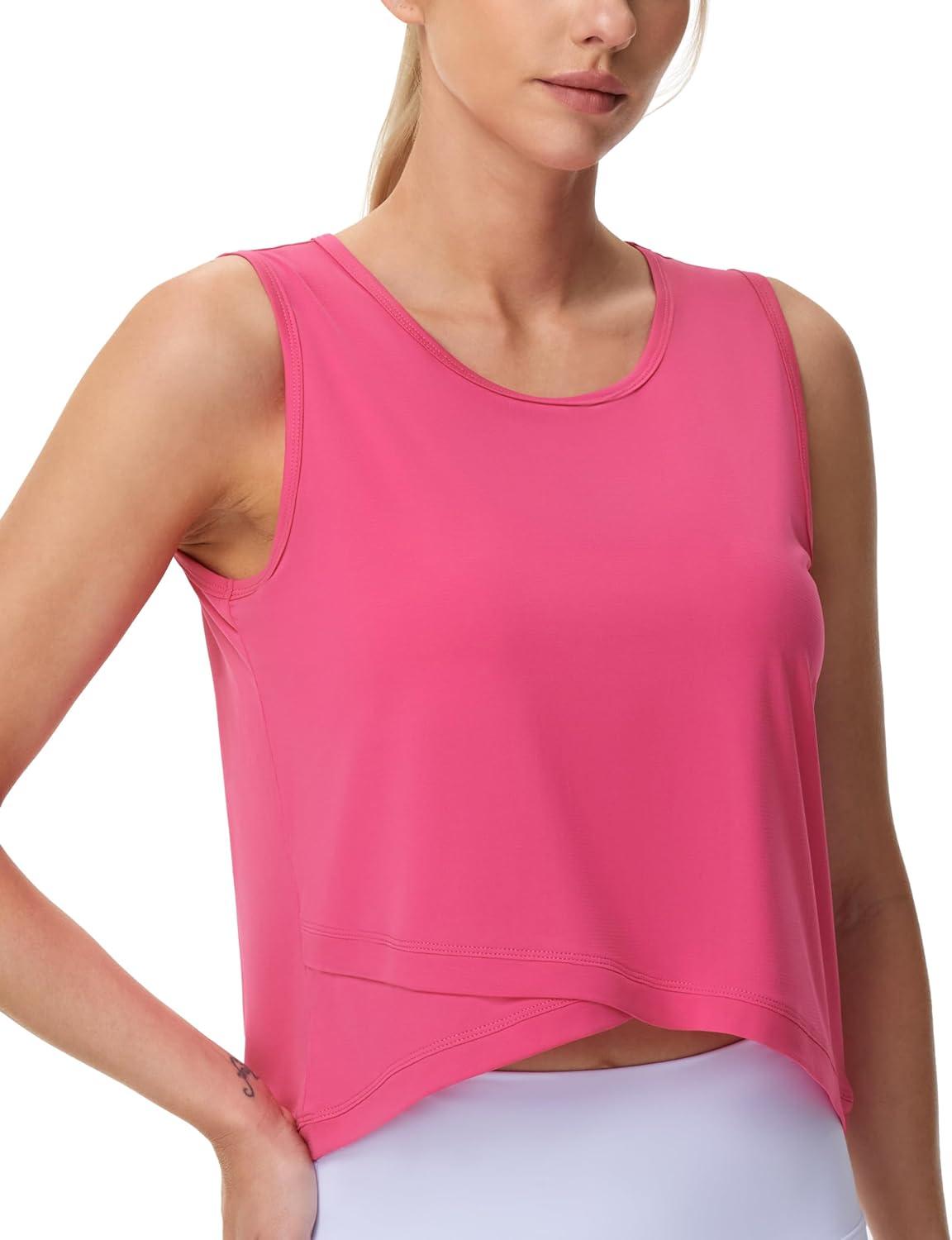 imageTHE GYM PEOPLE Womens Workout Crop Tank Tops Sleeveless Cross Hem Loose Fit Athletic Yoga ShirtsBright Pink
