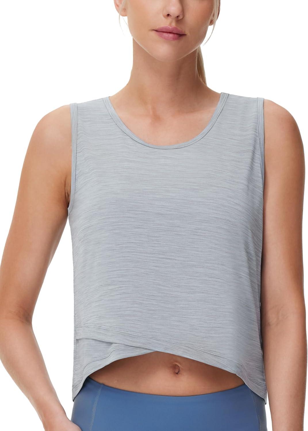 imageTHE GYM PEOPLE Womens Workout Crop Tank Tops Sleeveless Cross Hem Loose Fit Athletic Yoga ShirtsHeather Grey