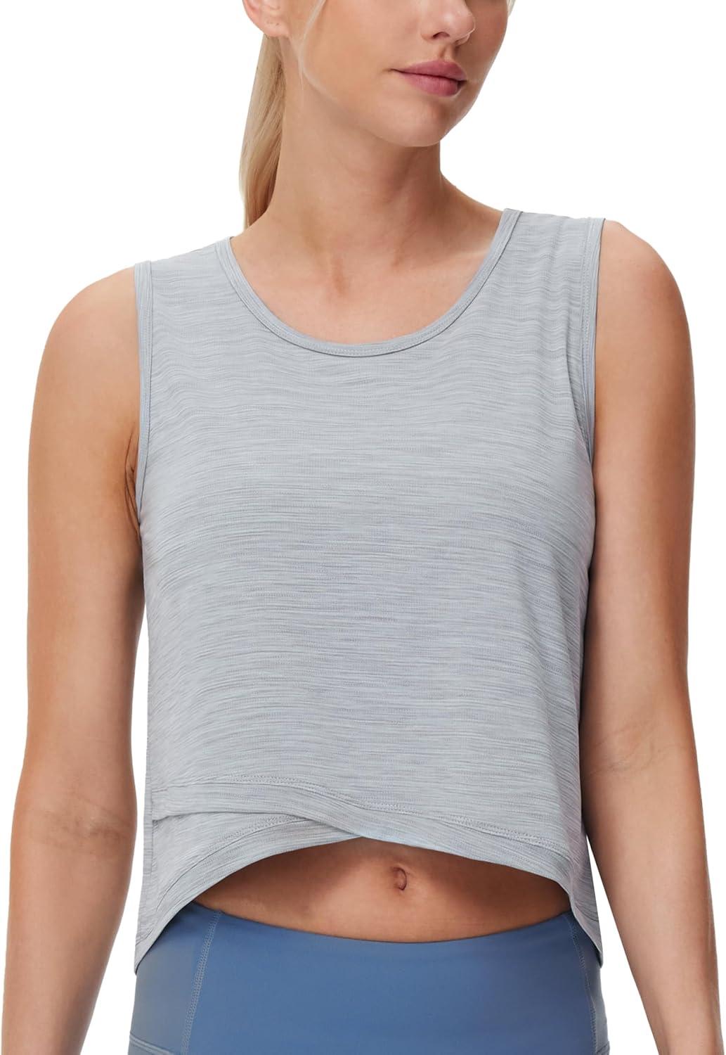 imageTHE GYM PEOPLE Womens Workout Crop Tank Tops Sleeveless Cross Hem Loose Fit Athletic Yoga ShirtsHeather Grey