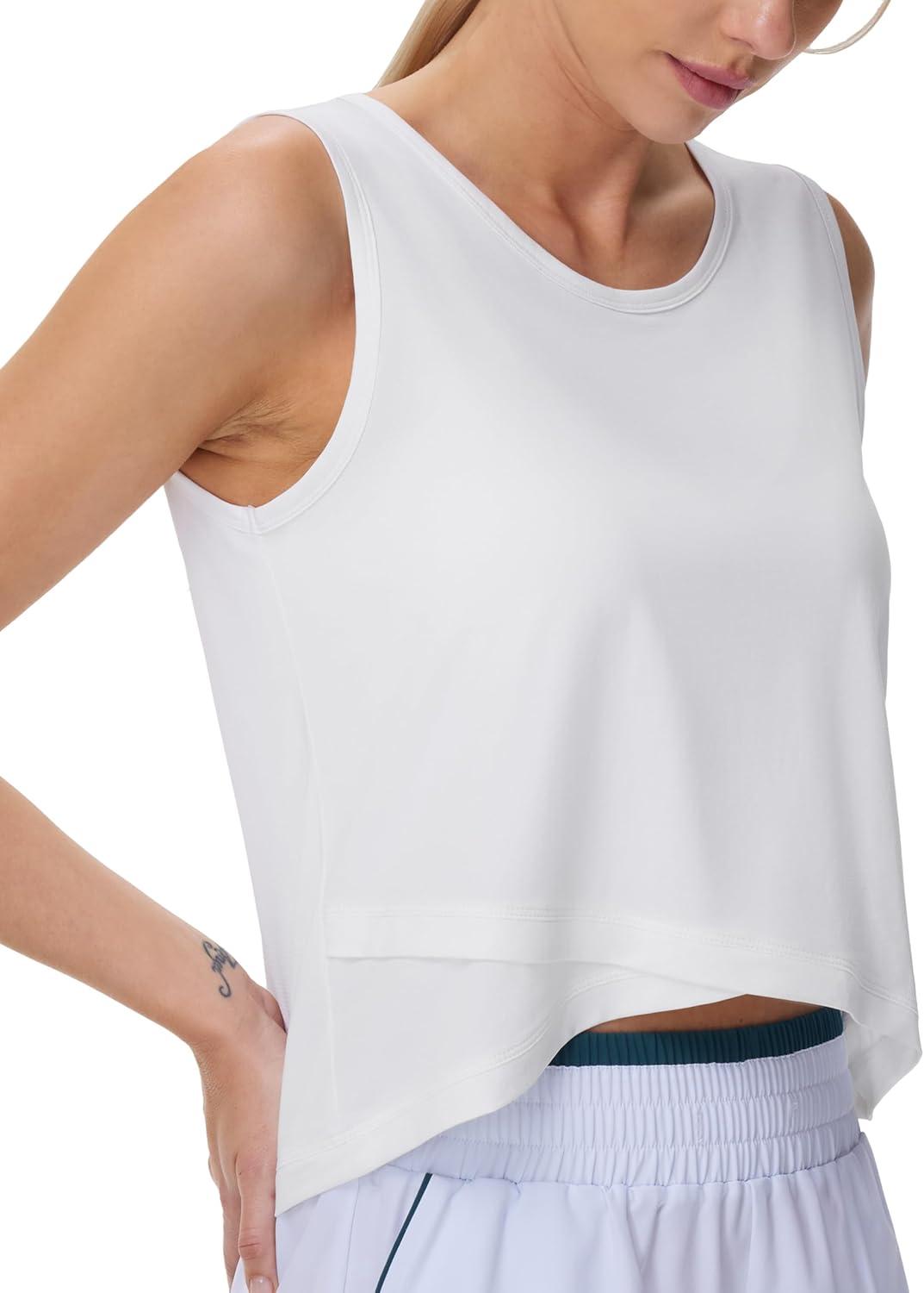 imageTHE GYM PEOPLE Womens Workout Crop Tank Tops Sleeveless Cross Hem Loose Fit Athletic Yoga ShirtsWhite