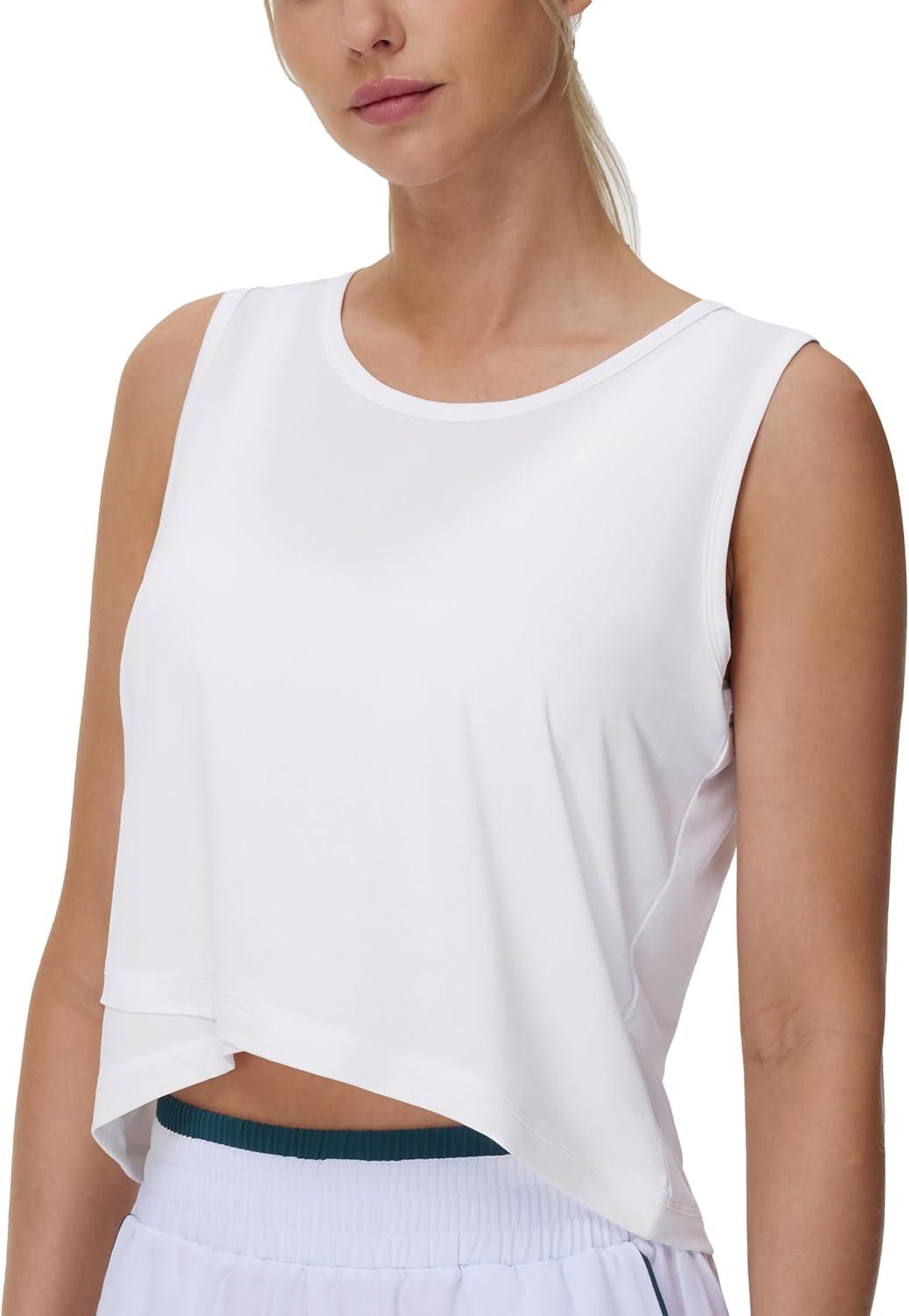 imageTHE GYM PEOPLE Womens Workout Crop Tank Tops Sleeveless Cross Hem Loose Fit Athletic Yoga ShirtsWhite