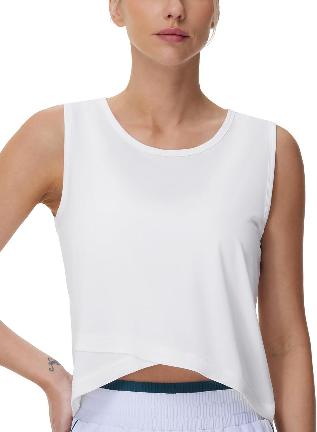 imageTHE GYM PEOPLE Womens Workout Crop Tank Tops Sleeveless Cross Hem Loose Fit Athletic Yoga ShirtsWhite