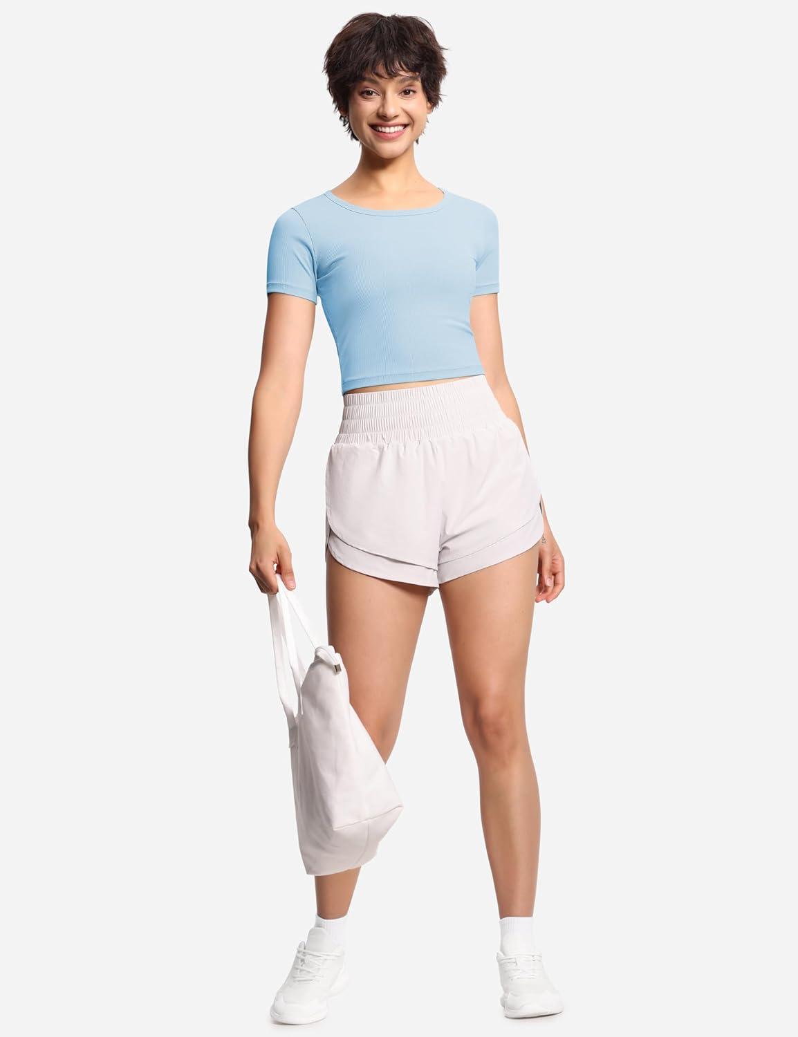 imageTHE GYM PEOPLE Womens Workout Crop Tops Short Sleeve Ribbed Ice Silk Fabric Slim Fit Square Neck Running ShirtsLight Blue