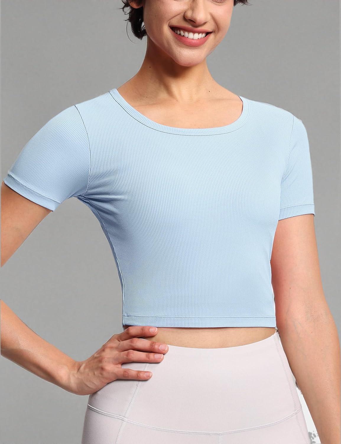 imageTHE GYM PEOPLE Womens Workout Crop Tops Short Sleeve Ribbed Ice Silk Fabric Slim Fit Square Neck Running ShirtsLight Blue