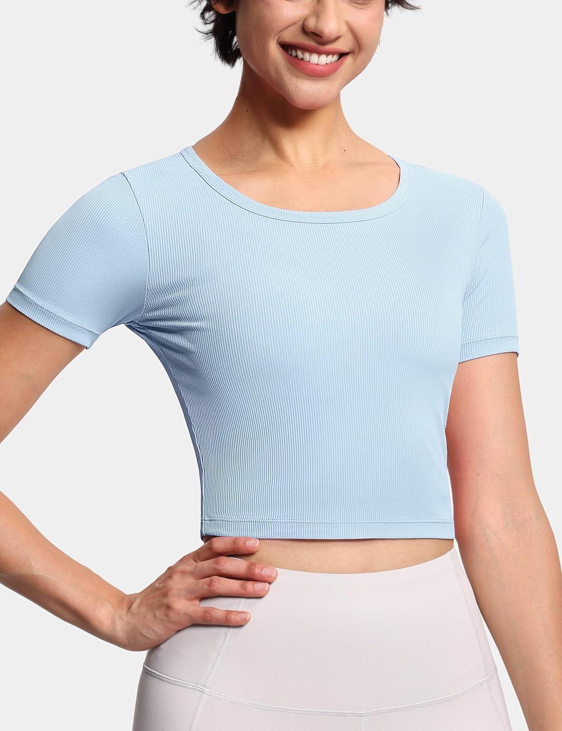 imageTHE GYM PEOPLE Womens Workout Crop Tops Short Sleeve Ribbed Ice Silk Fabric Slim Fit Square Neck Running ShirtsLight Blue