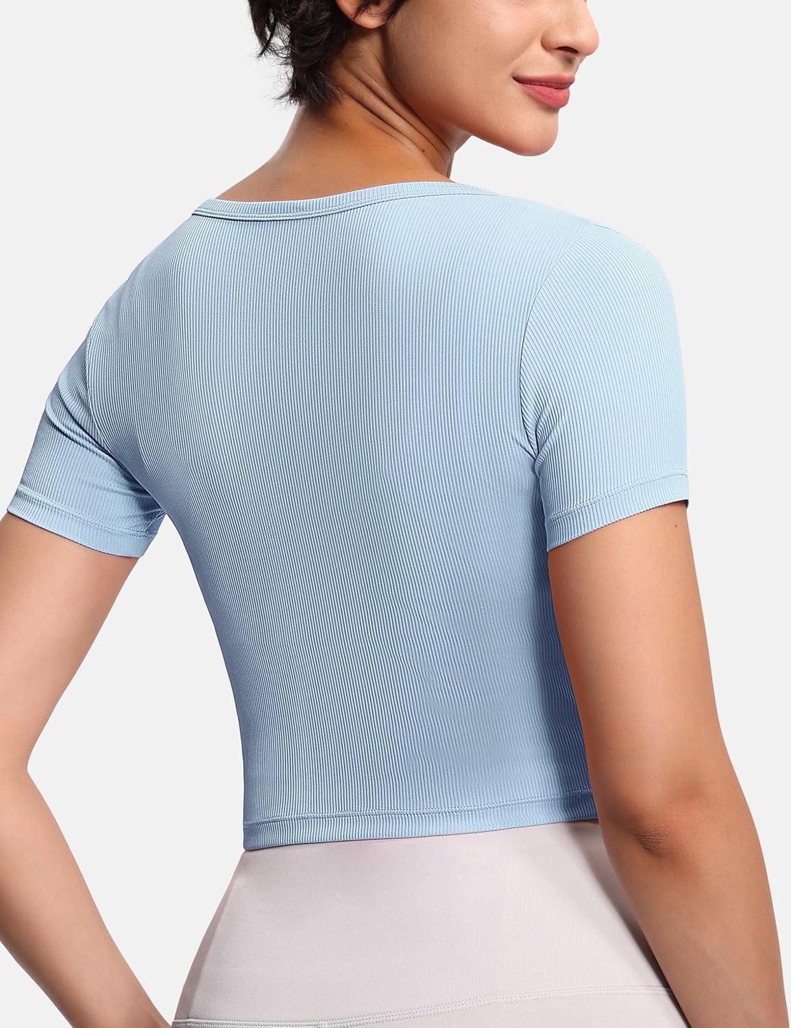 imageTHE GYM PEOPLE Womens Workout Crop Tops Short Sleeve Ribbed Ice Silk Fabric Slim Fit Square Neck Running ShirtsLight Blue