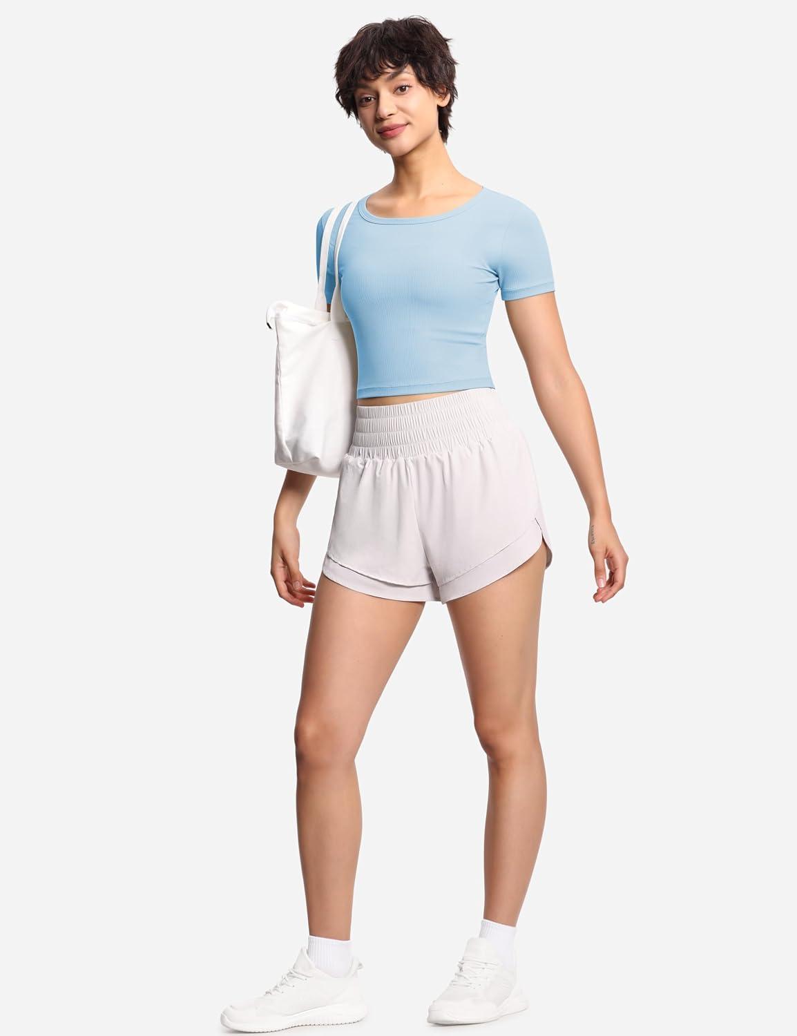 imageTHE GYM PEOPLE Womens Workout Crop Tops Short Sleeve Ribbed Ice Silk Fabric Slim Fit Square Neck Running ShirtsLight Blue