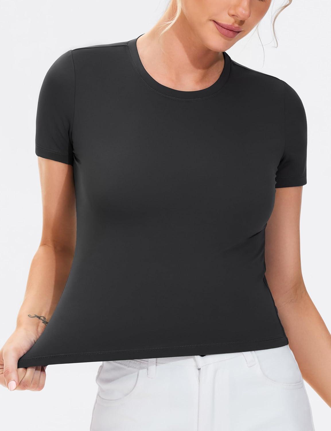 imageTHE GYM PEOPLE Womens Workout Tops Short Sleeve Slim Fit Breathable Athletic Yoga Running Casual Basic Tee ShirtsBlack