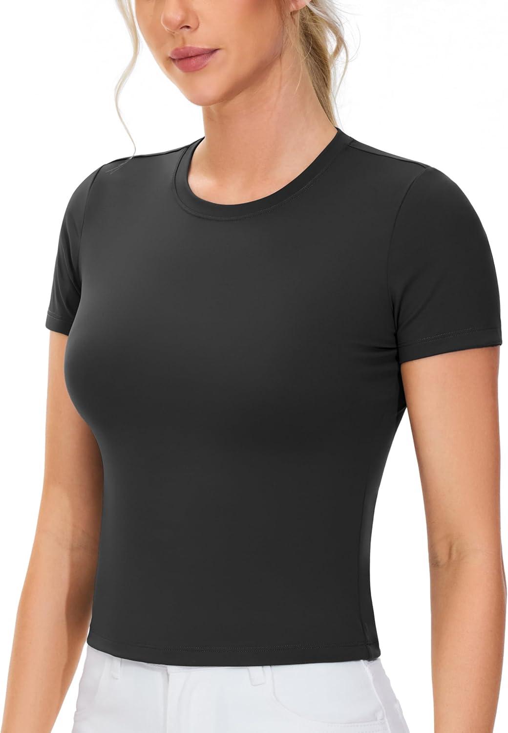 imageTHE GYM PEOPLE Womens Workout Tops Short Sleeve Slim Fit Breathable Athletic Yoga Running Casual Basic Tee ShirtsBlack