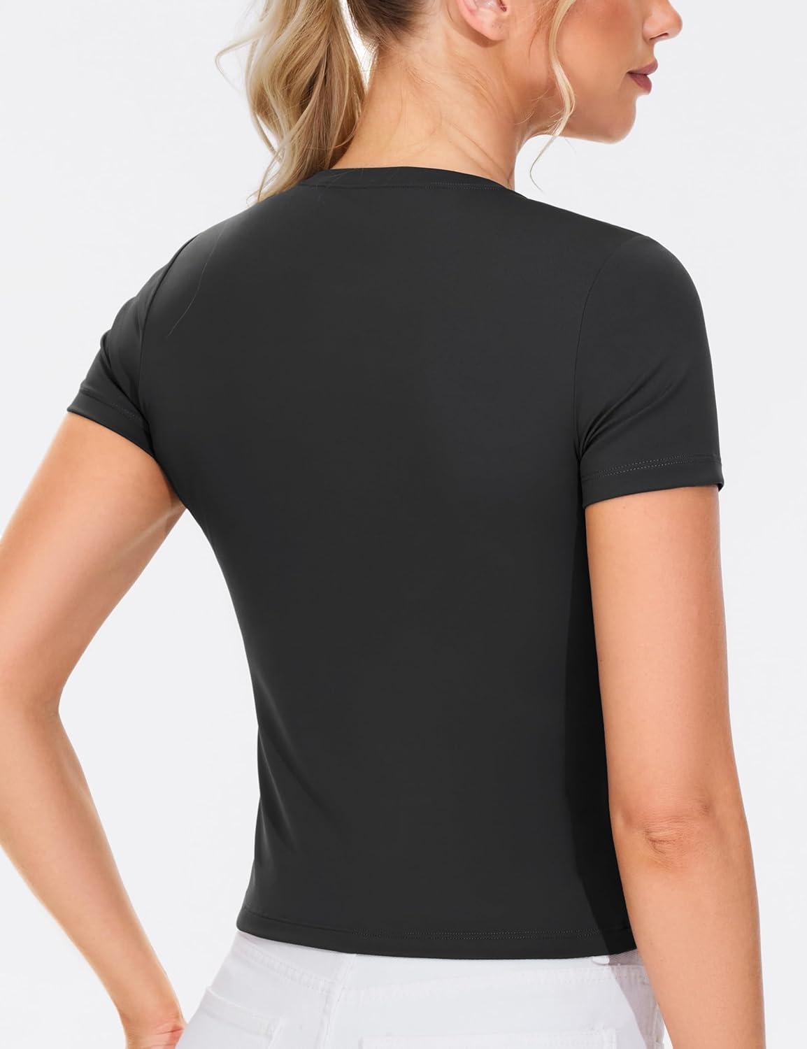 imageTHE GYM PEOPLE Womens Workout Tops Short Sleeve Slim Fit Breathable Athletic Yoga Running Casual Basic Tee ShirtsBlack
