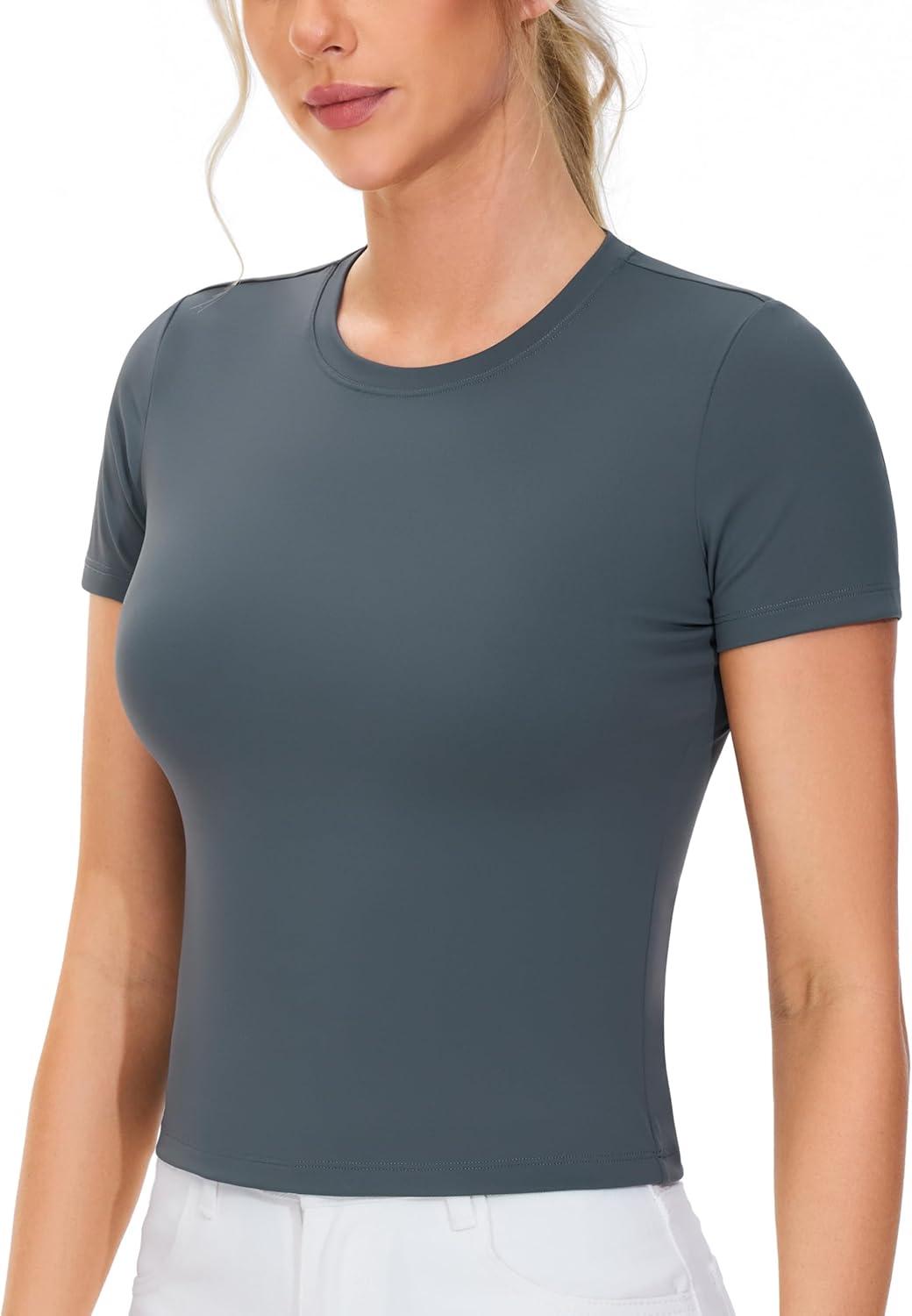 imageTHE GYM PEOPLE Womens Workout Tops Short Sleeve Slim Fit Breathable Athletic Yoga Running Casual Basic Tee ShirtsDark Grey