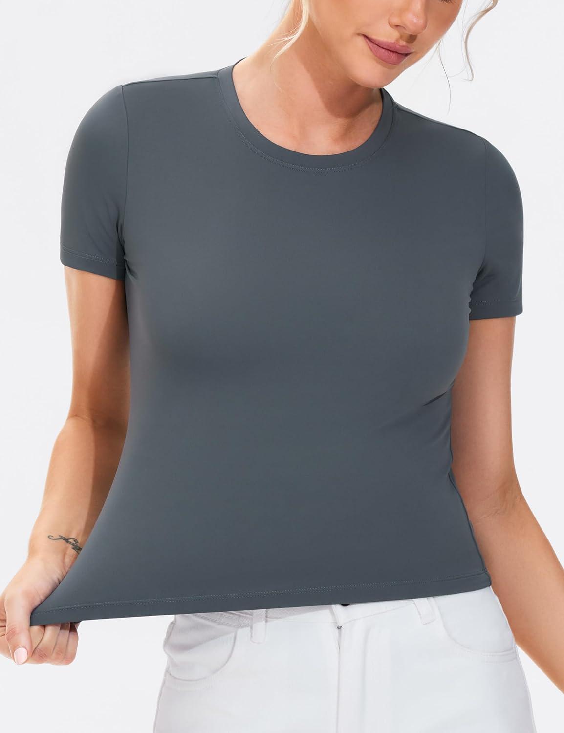 imageTHE GYM PEOPLE Womens Workout Tops Short Sleeve Slim Fit Breathable Athletic Yoga Running Casual Basic Tee ShirtsDark Grey