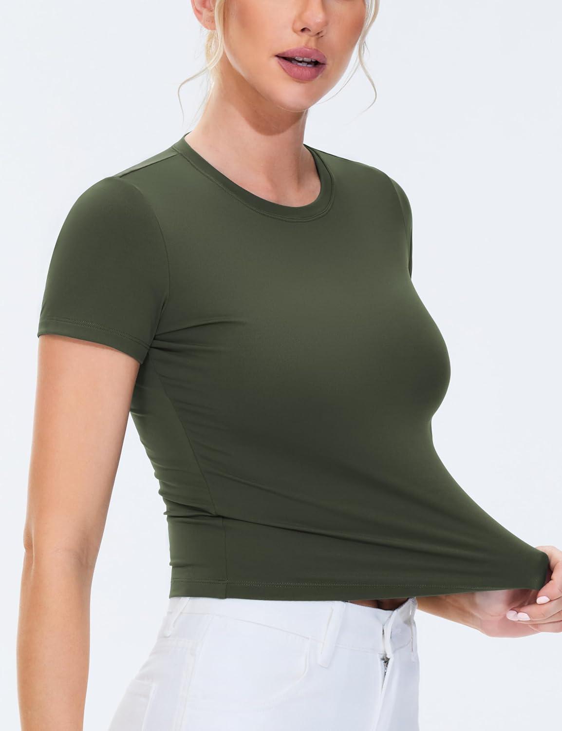 imageTHE GYM PEOPLE Womens Workout Tops Short Sleeve Slim Fit Breathable Athletic Yoga Running Casual Basic Tee ShirtsDark Olive