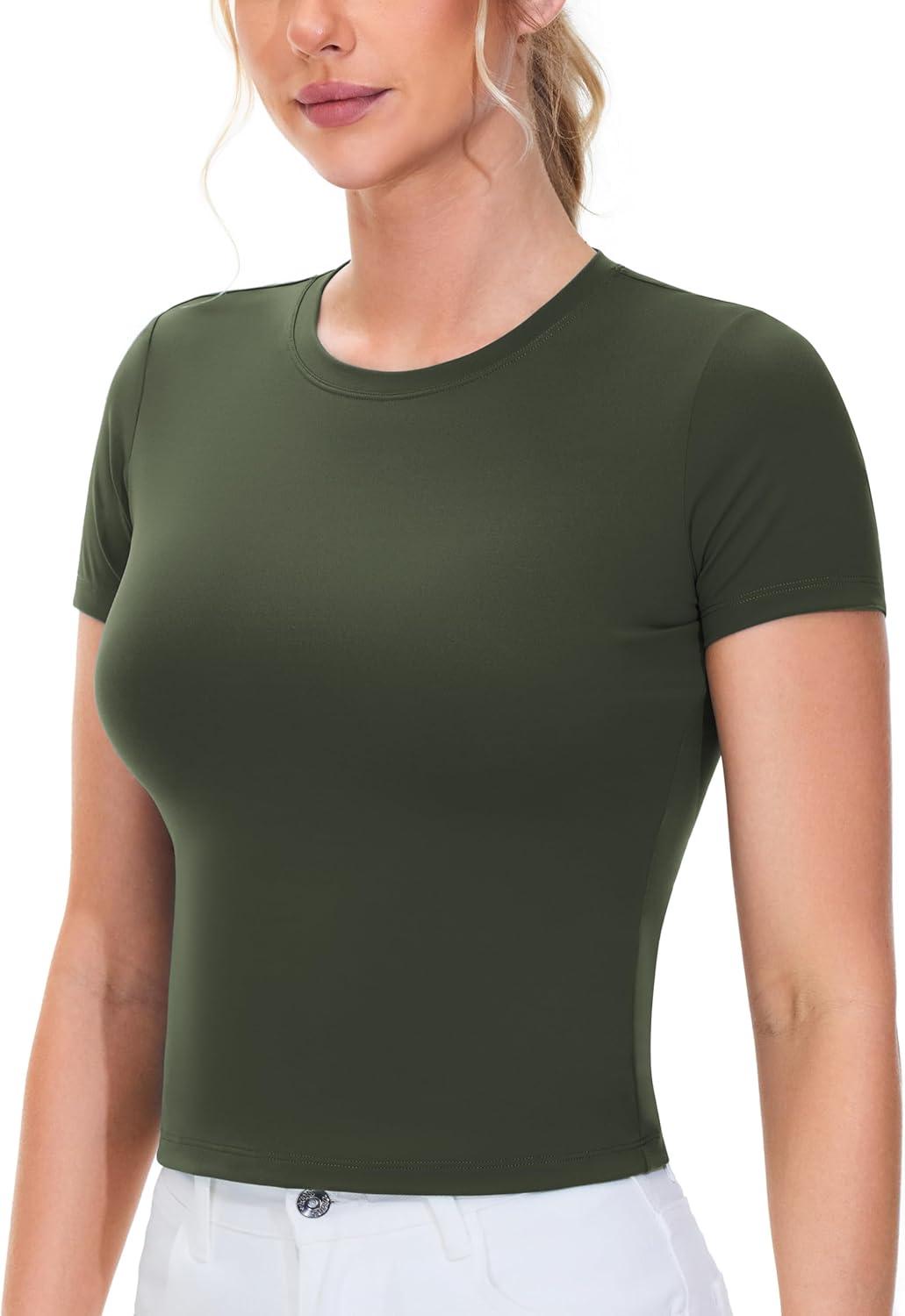 imageTHE GYM PEOPLE Womens Workout Tops Short Sleeve Slim Fit Breathable Athletic Yoga Running Casual Basic Tee ShirtsDark Olive