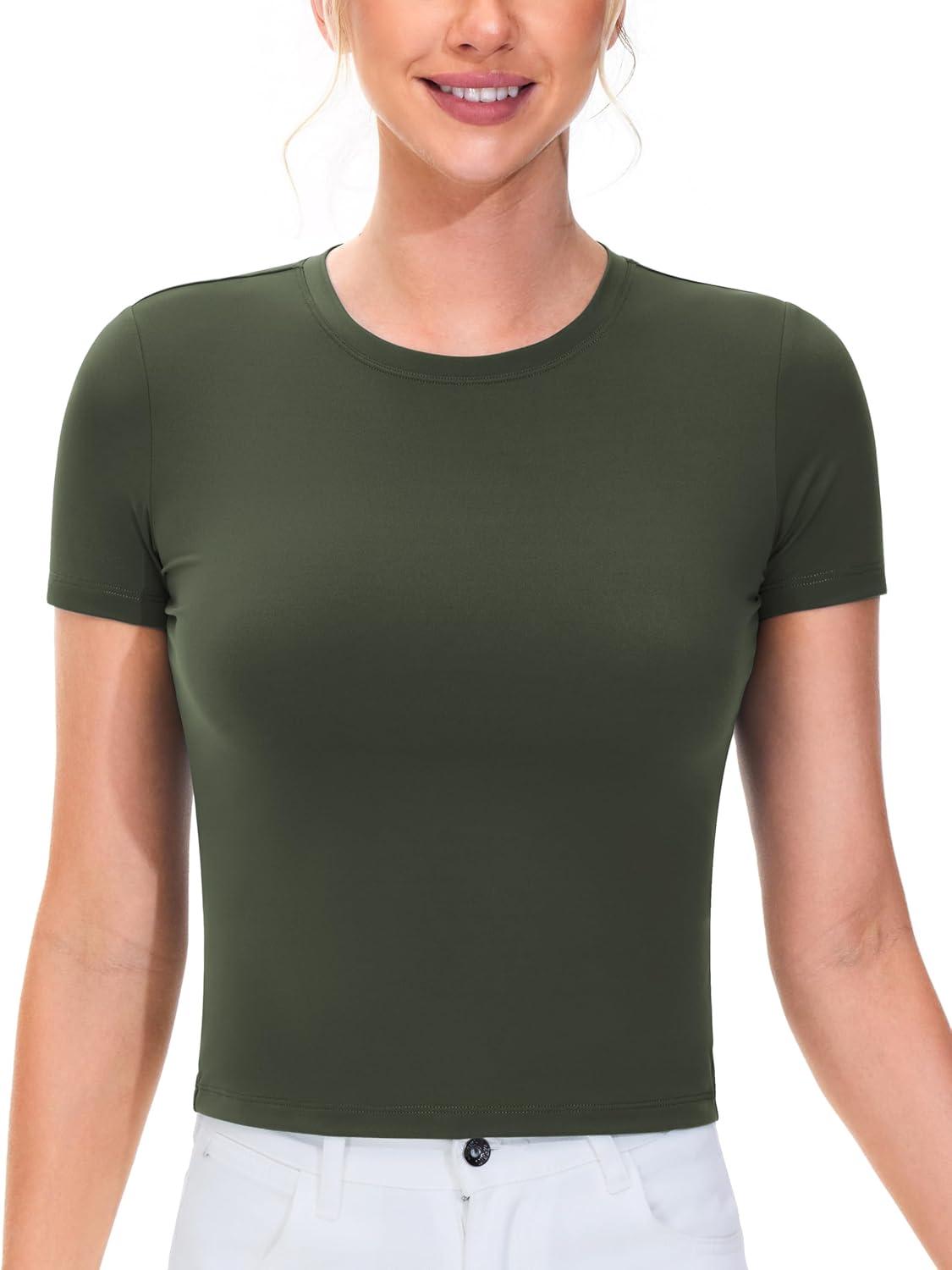 imageTHE GYM PEOPLE Womens Workout Tops Short Sleeve Slim Fit Breathable Athletic Yoga Running Casual Basic Tee ShirtsDark Olive
