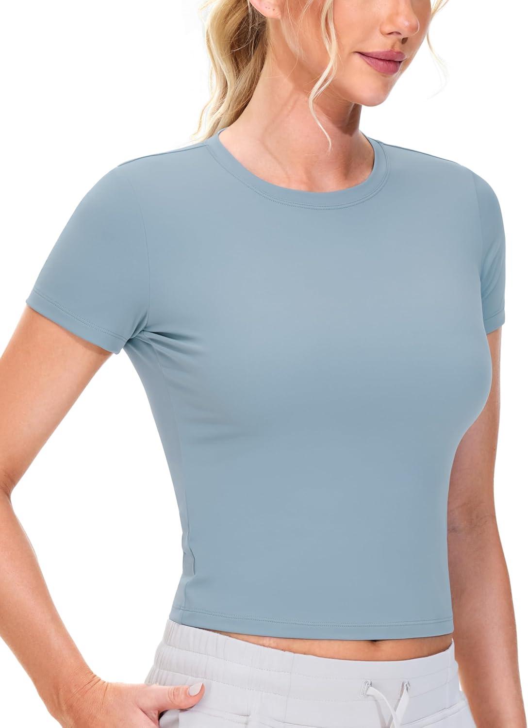 imageTHE GYM PEOPLE Womens Workout Tops Short Sleeve Slim Fit Breathable Athletic Yoga Running Casual Basic Tee ShirtsDenim Blue