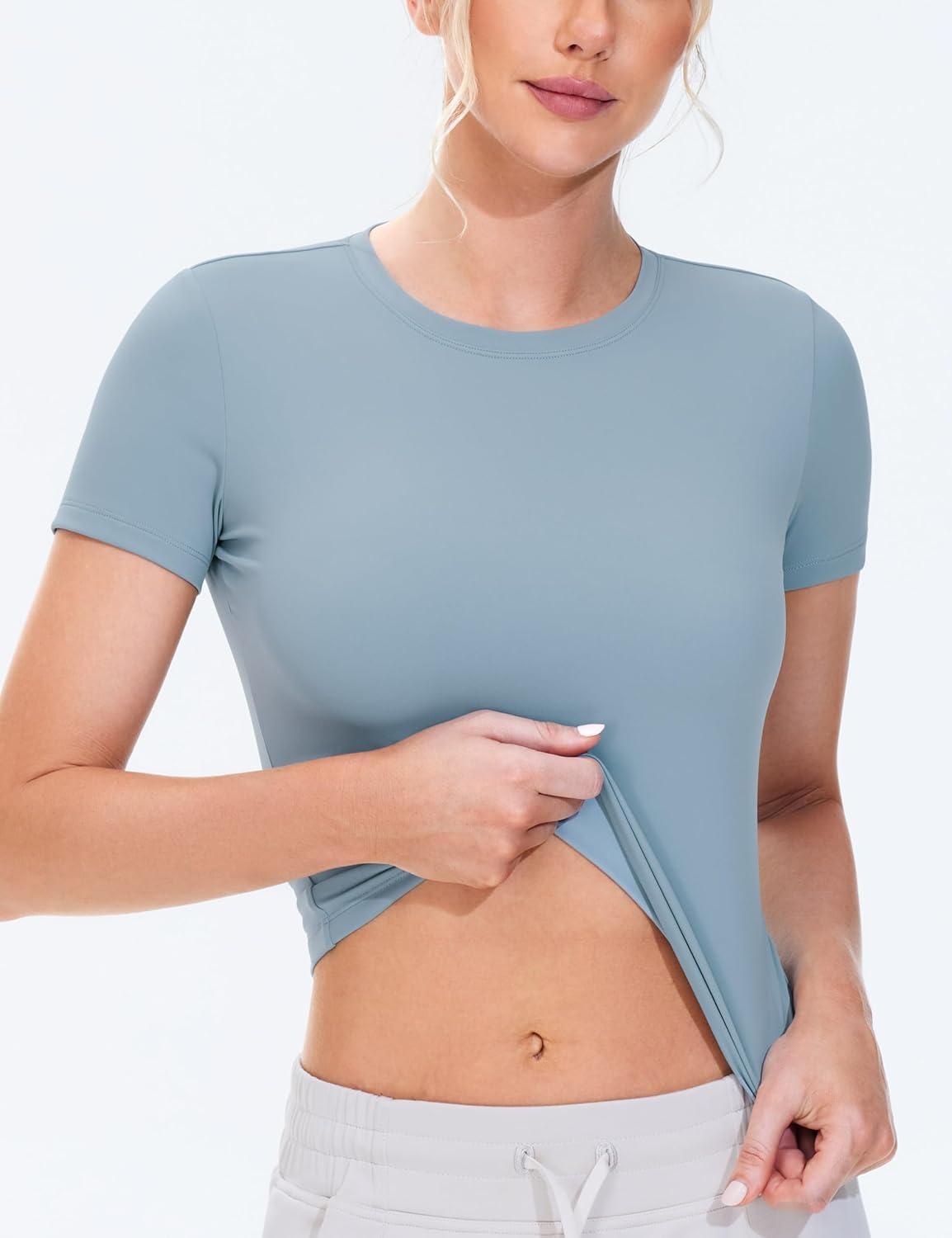 imageTHE GYM PEOPLE Womens Workout Tops Short Sleeve Slim Fit Breathable Athletic Yoga Running Casual Basic Tee ShirtsDenim Blue