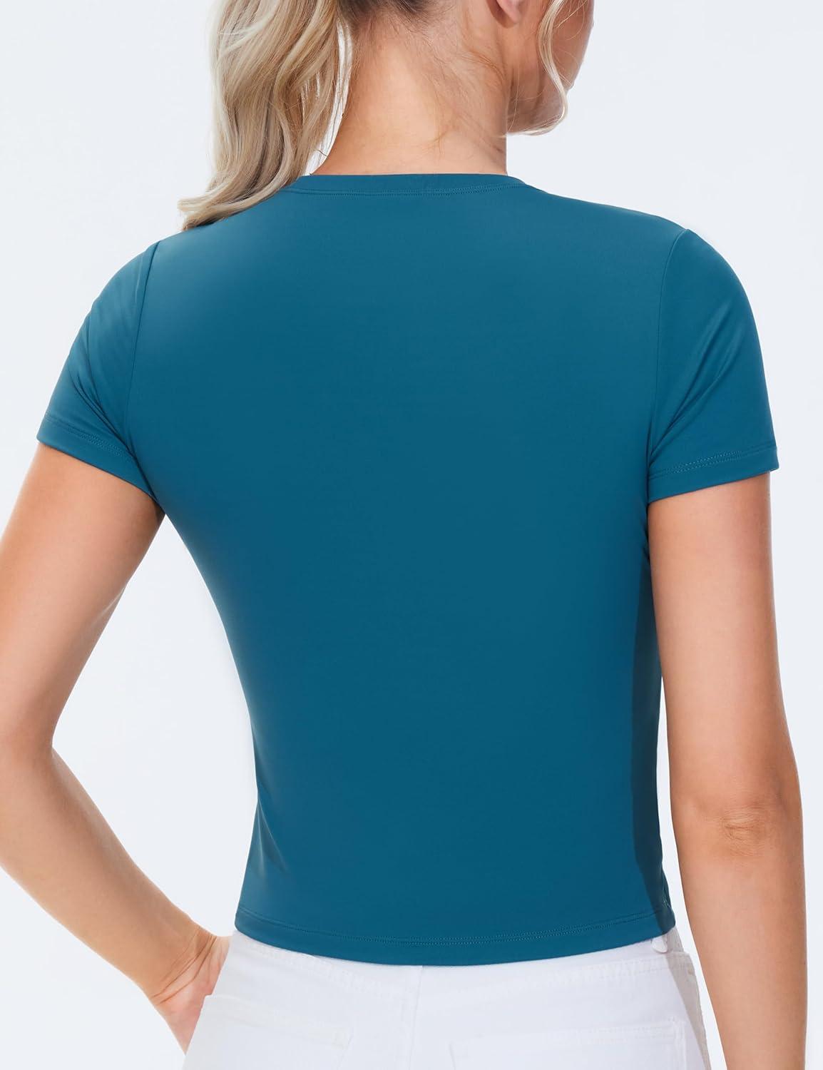 imageTHE GYM PEOPLE Womens Workout Tops Short Sleeve Slim Fit Breathable Athletic Yoga Running Casual Basic Tee ShirtsGreen Blue