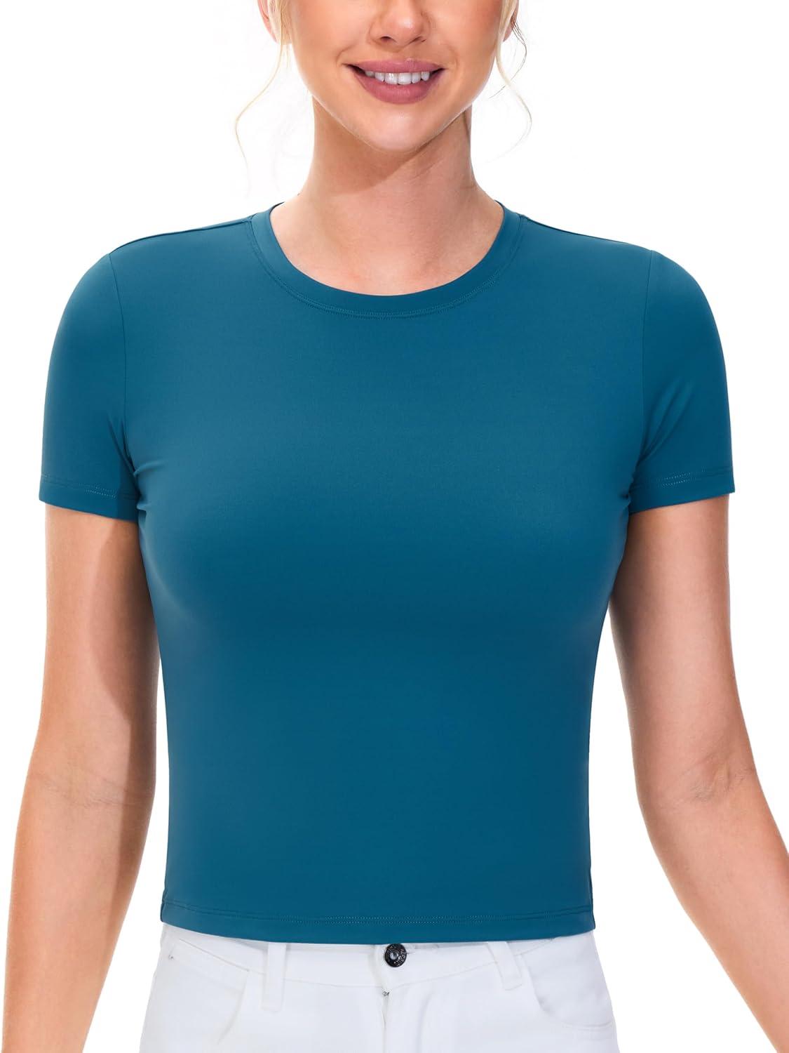 imageTHE GYM PEOPLE Womens Workout Tops Short Sleeve Slim Fit Breathable Athletic Yoga Running Casual Basic Tee ShirtsGreen Blue