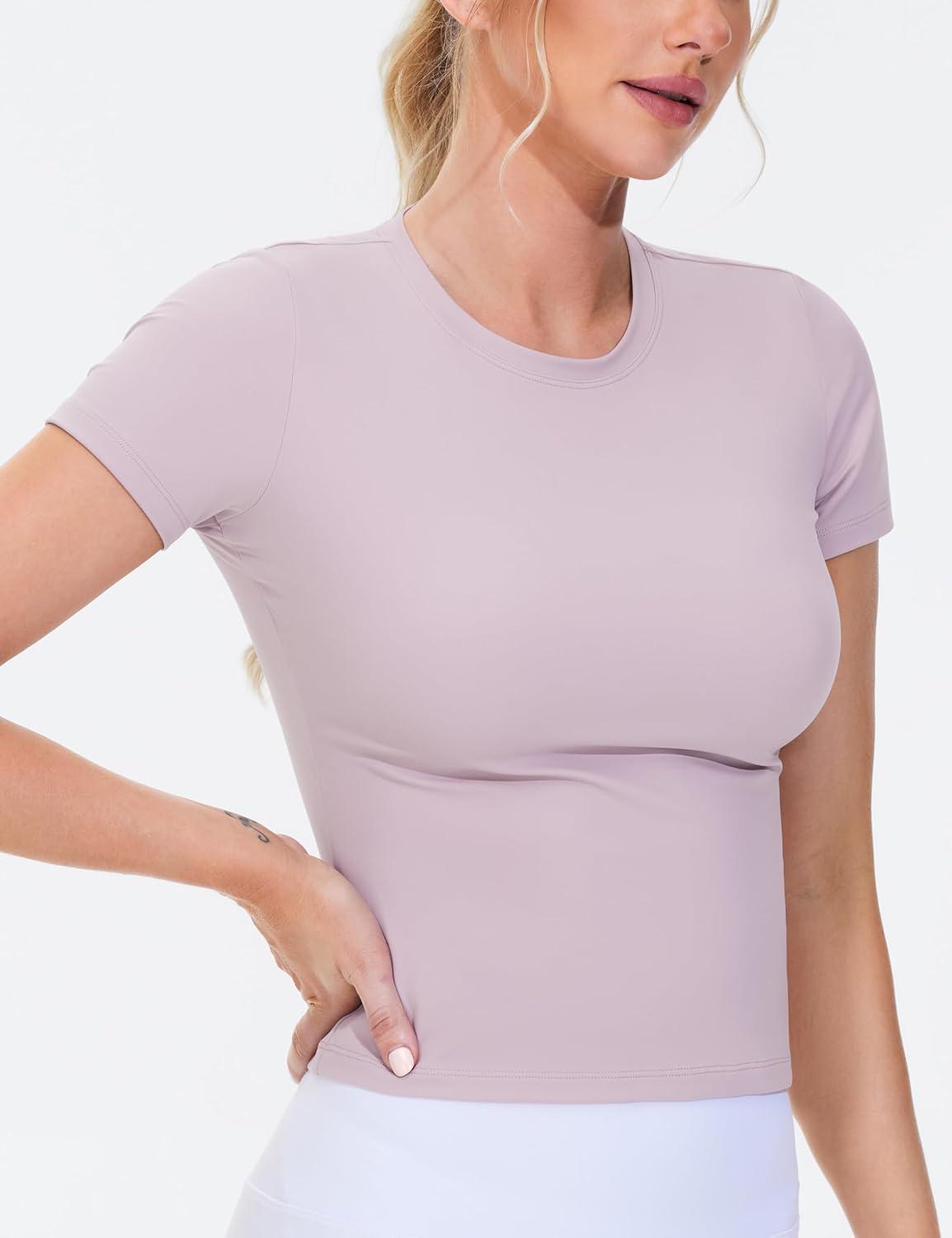 imageTHE GYM PEOPLE Womens Workout Tops Short Sleeve Slim Fit Breathable Athletic Yoga Running Casual Basic Tee ShirtsLight Purple