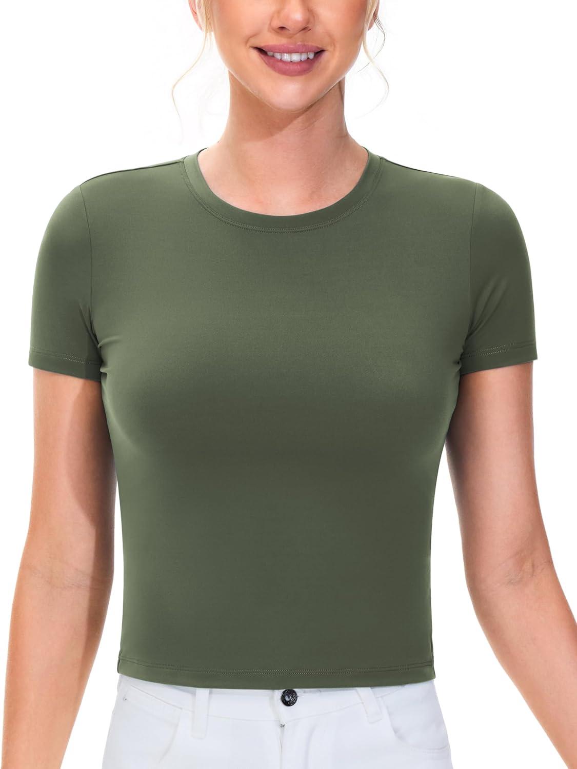 imageTHE GYM PEOPLE Womens Workout Tops Short Sleeve Slim Fit Breathable Athletic Yoga Running Casual Basic Tee ShirtsOlive Green