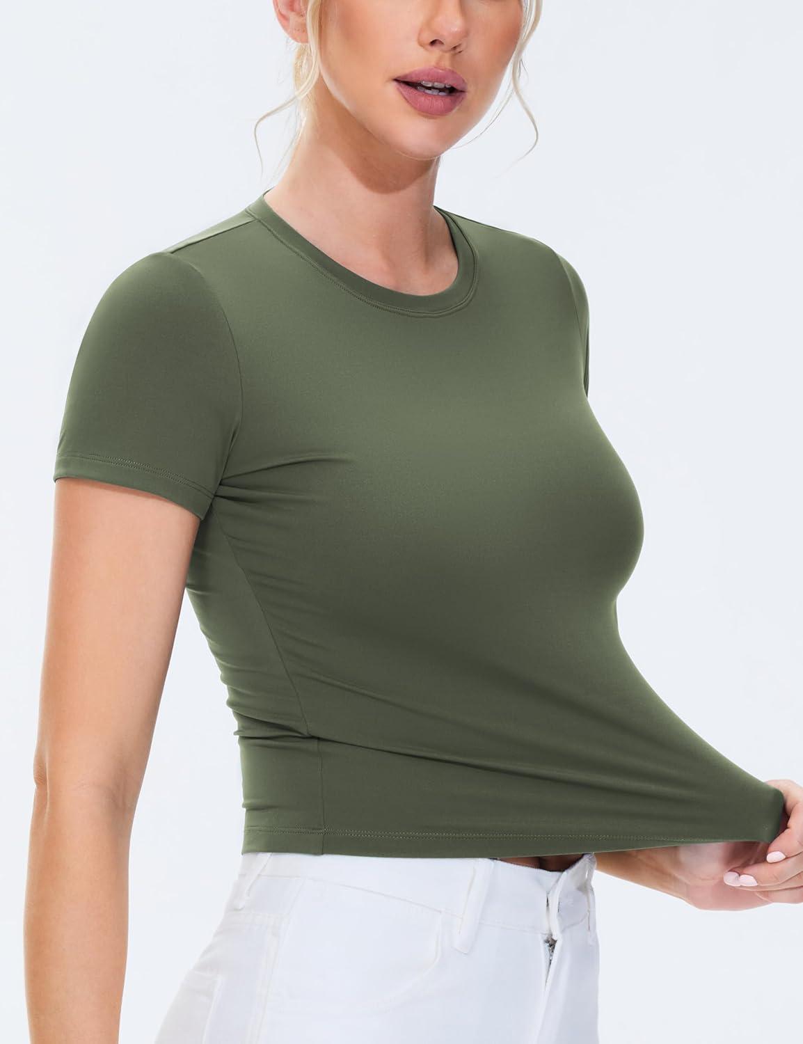 imageTHE GYM PEOPLE Womens Workout Tops Short Sleeve Slim Fit Breathable Athletic Yoga Running Casual Basic Tee ShirtsOlive Green