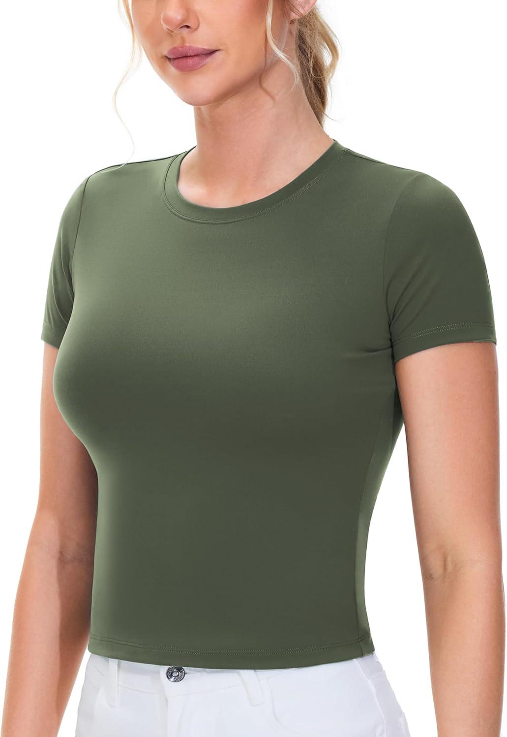 imageTHE GYM PEOPLE Womens Workout Tops Short Sleeve Slim Fit Breathable Athletic Yoga Running Casual Basic Tee ShirtsOlive Green
