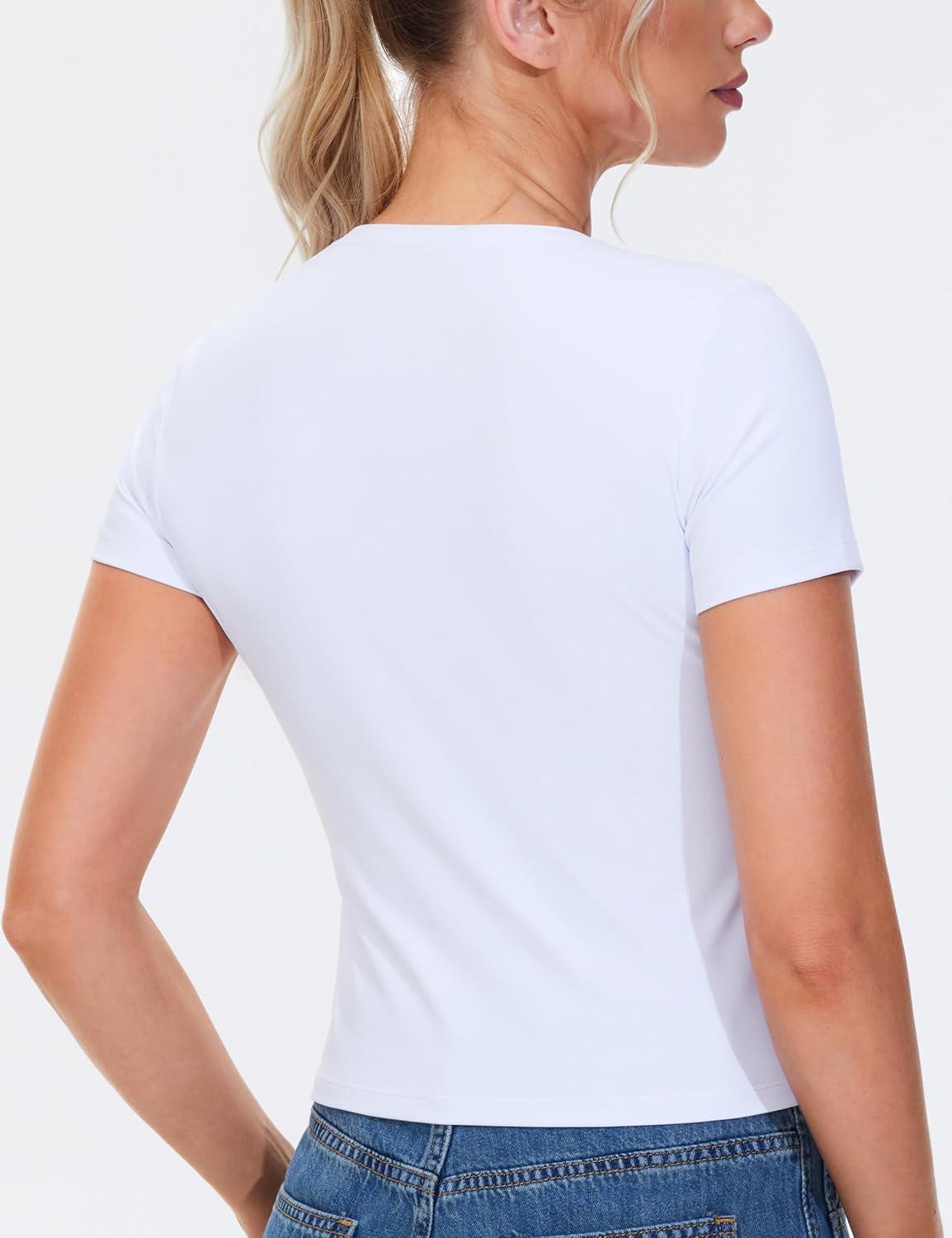 imageTHE GYM PEOPLE Womens Workout Tops Short Sleeve Slim Fit Breathable Athletic Yoga Running Casual Basic Tee ShirtsWhite