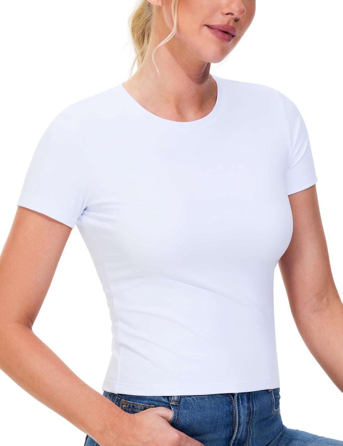imageTHE GYM PEOPLE Womens Workout Tops Short Sleeve Slim Fit Breathable Athletic Yoga Running Casual Basic Tee ShirtsWhite