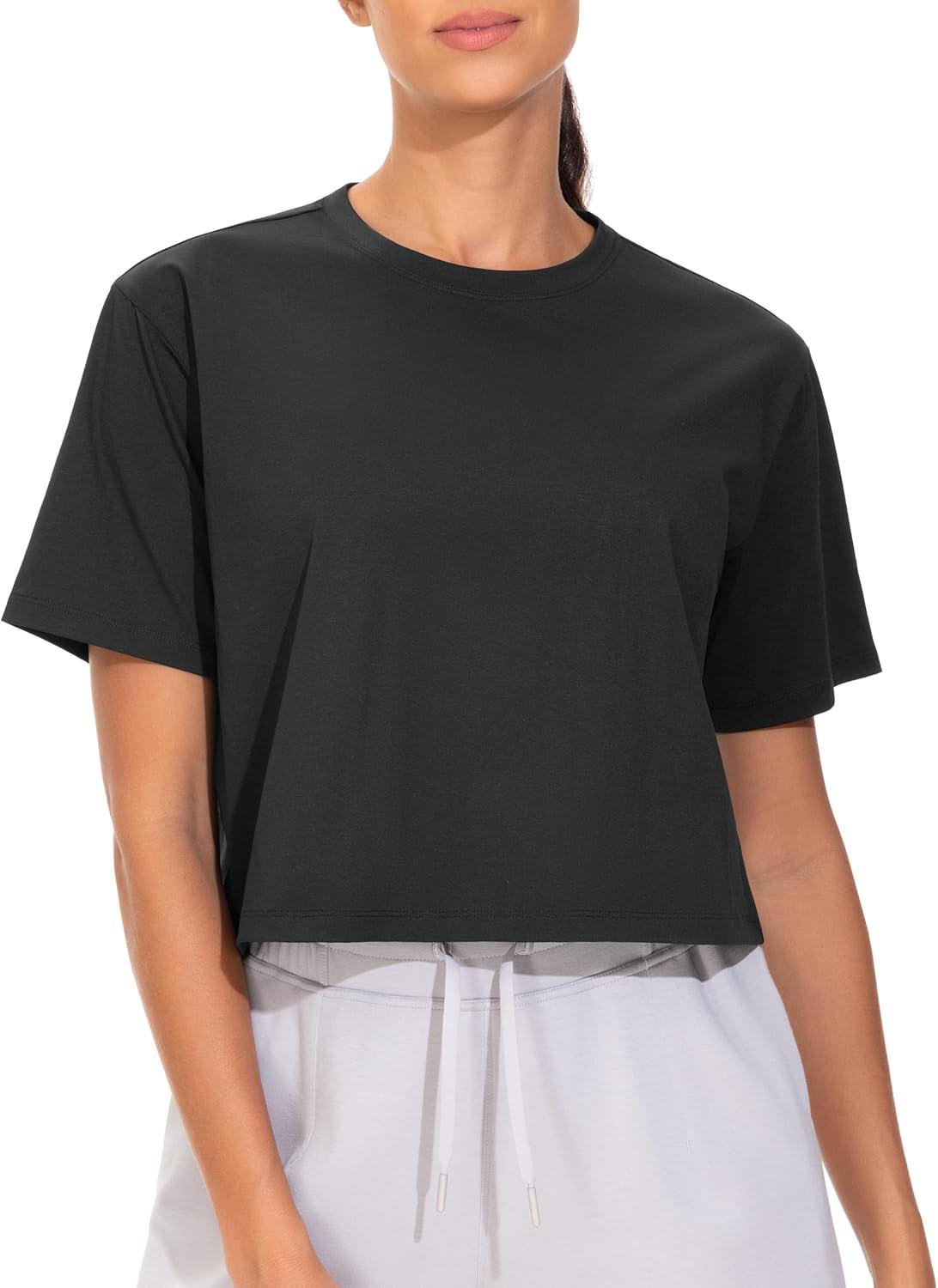 imageTHE GYM PEOPLE Workout Crop Tops for Women Short Sleeve Shirts Loose Fit Yoga Athletic Basic Cropped TShirtsBlack