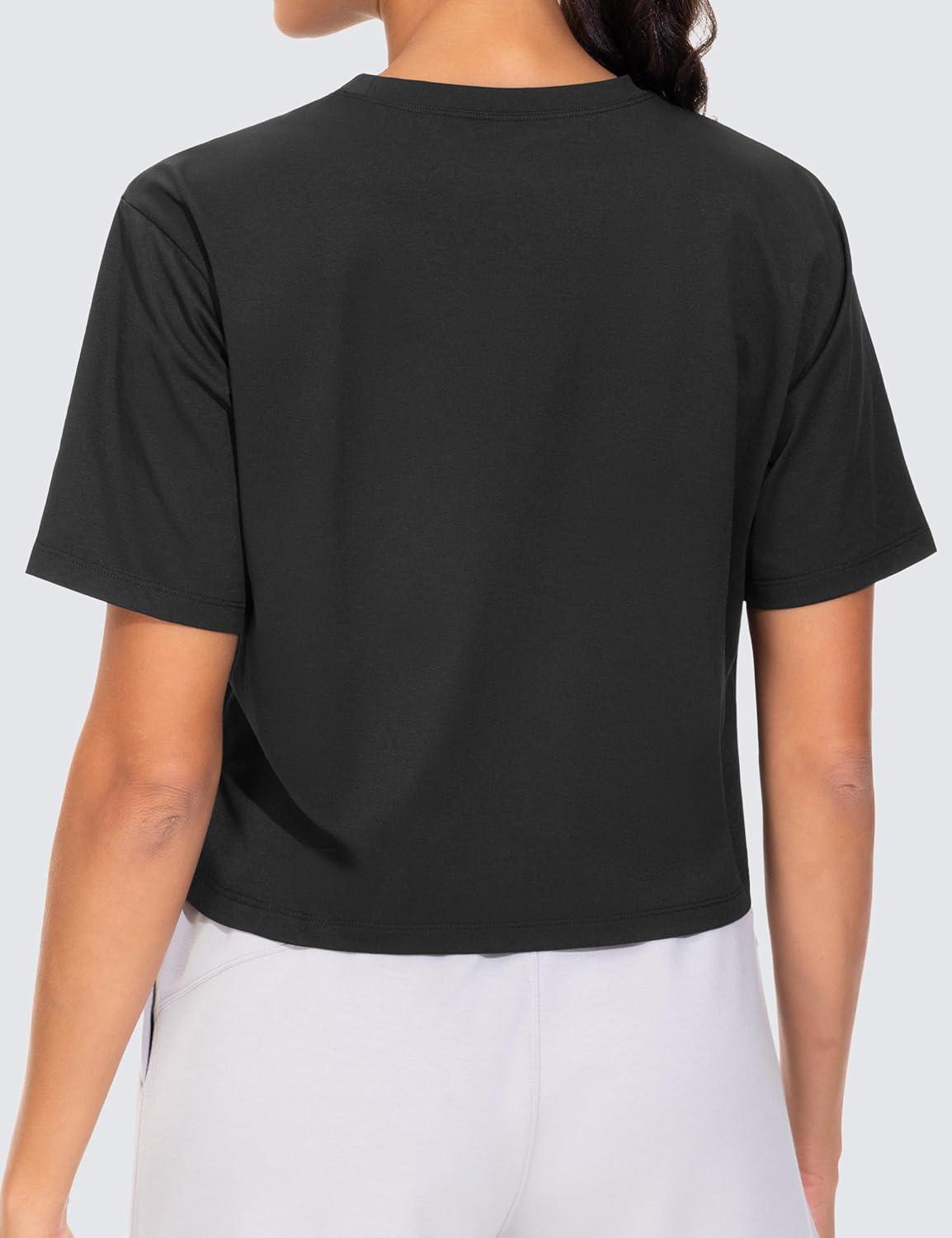 imageTHE GYM PEOPLE Workout Crop Tops for Women Short Sleeve Shirts Loose Fit Yoga Athletic Basic Cropped TShirtsBlack
