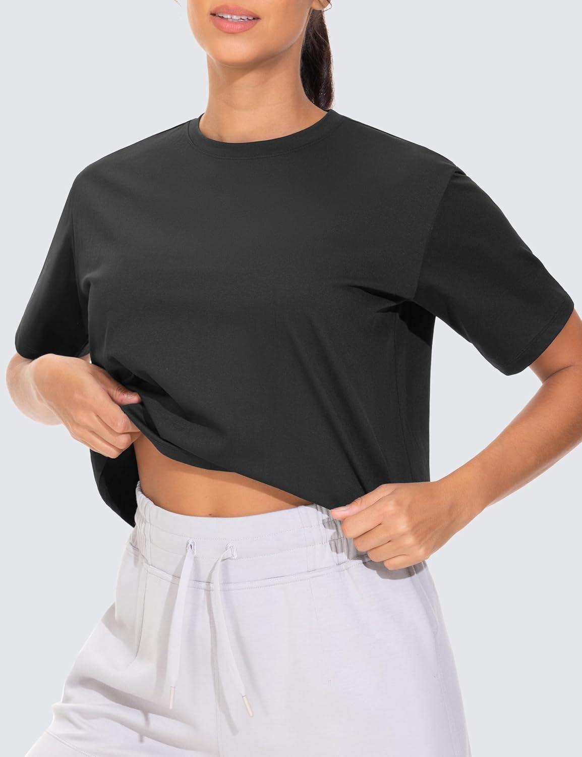 imageTHE GYM PEOPLE Workout Crop Tops for Women Short Sleeve Shirts Loose Fit Yoga Athletic Basic Cropped TShirtsBlack