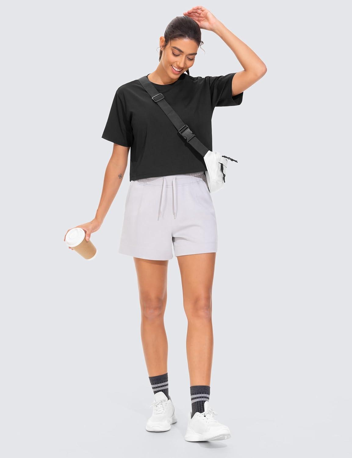 imageTHE GYM PEOPLE Workout Crop Tops for Women Short Sleeve Shirts Loose Fit Yoga Athletic Basic Cropped TShirtsBlack