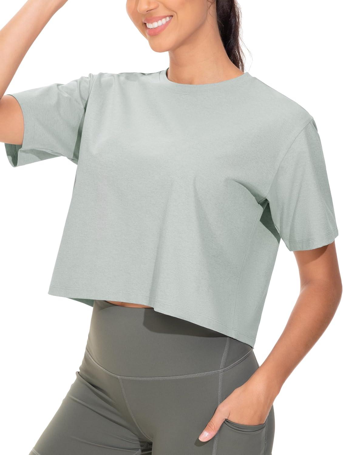 imageTHE GYM PEOPLE Workout Crop Tops for Women Short Sleeve Shirts Loose Fit Yoga Athletic Basic Cropped TShirtsGrey