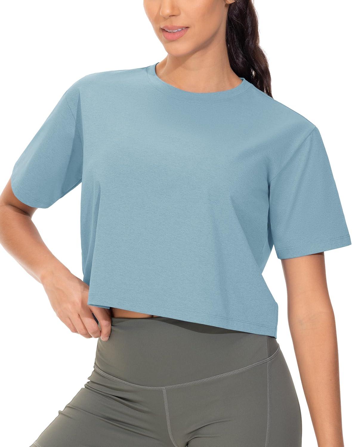 imageTHE GYM PEOPLE Workout Crop Tops for Women Short Sleeve Shirts Loose Fit Yoga Athletic Basic Cropped TShirtsInk Blue