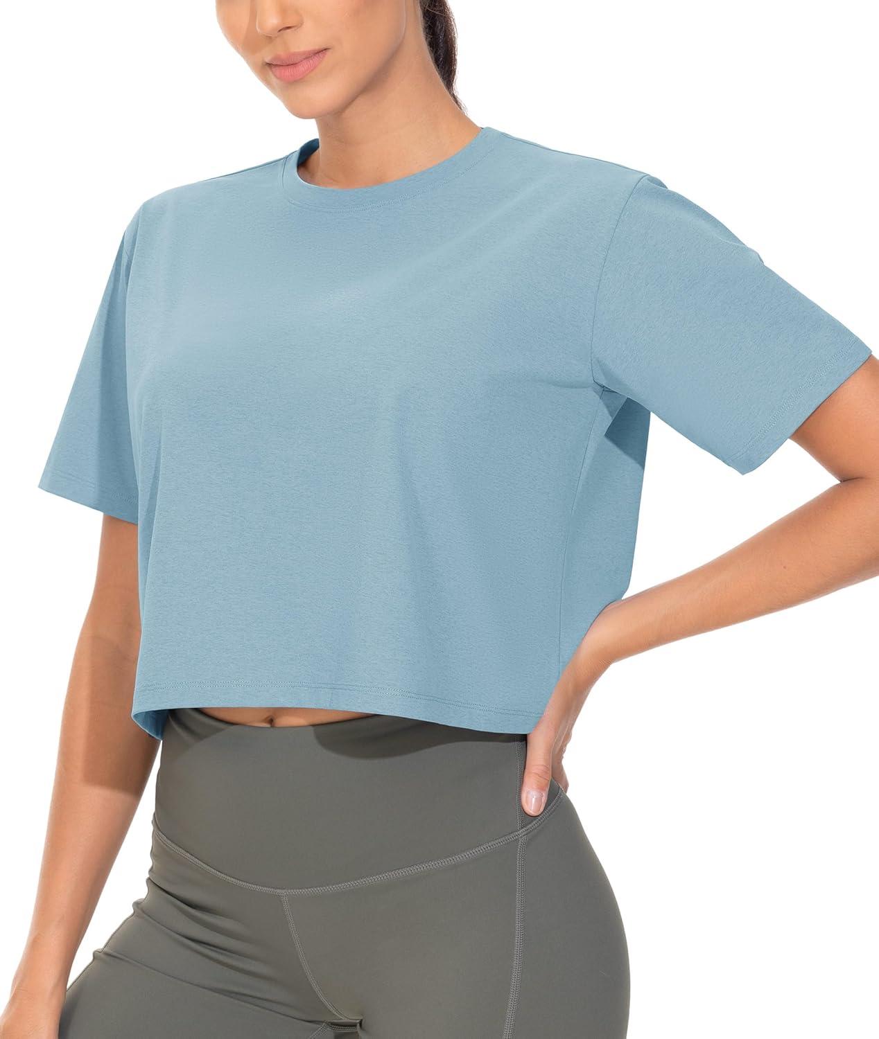 imageTHE GYM PEOPLE Workout Crop Tops for Women Short Sleeve Shirts Loose Fit Yoga Athletic Basic Cropped TShirtsInk Blue