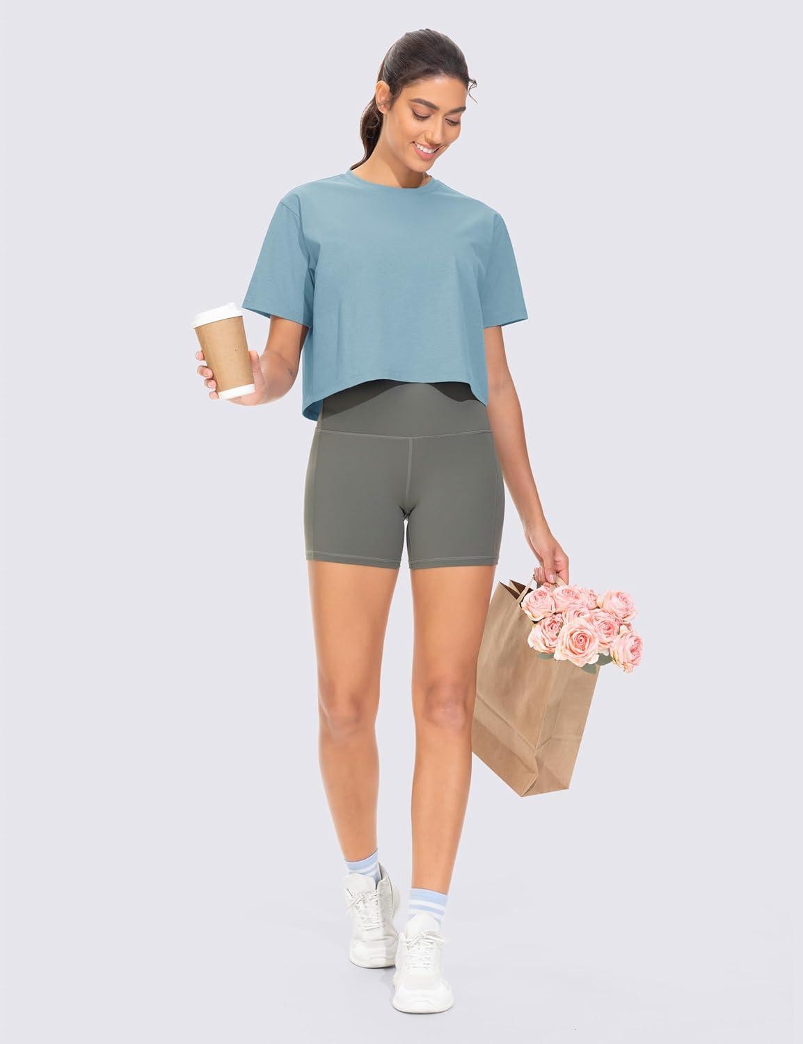 imageTHE GYM PEOPLE Workout Crop Tops for Women Short Sleeve Shirts Loose Fit Yoga Athletic Basic Cropped TShirtsInk Blue