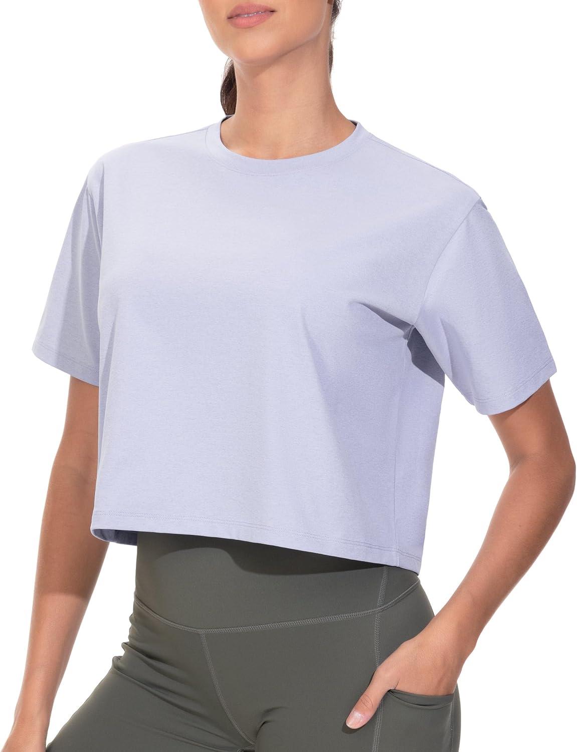 imageTHE GYM PEOPLE Workout Crop Tops for Women Short Sleeve Shirts Loose Fit Yoga Athletic Basic Cropped TShirtsLight Purple