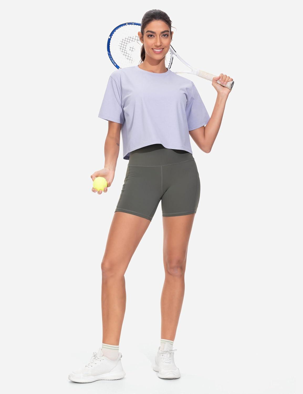 imageTHE GYM PEOPLE Workout Crop Tops for Women Short Sleeve Shirts Loose Fit Yoga Athletic Basic Cropped TShirtsLight Purple