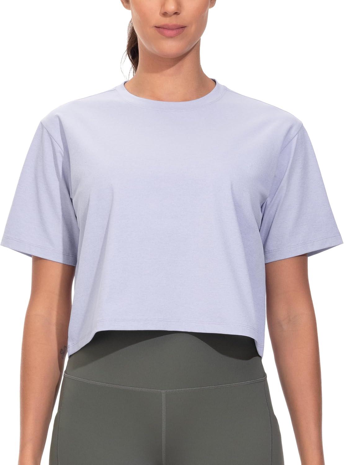imageTHE GYM PEOPLE Workout Crop Tops for Women Short Sleeve Shirts Loose Fit Yoga Athletic Basic Cropped TShirtsLight Purple