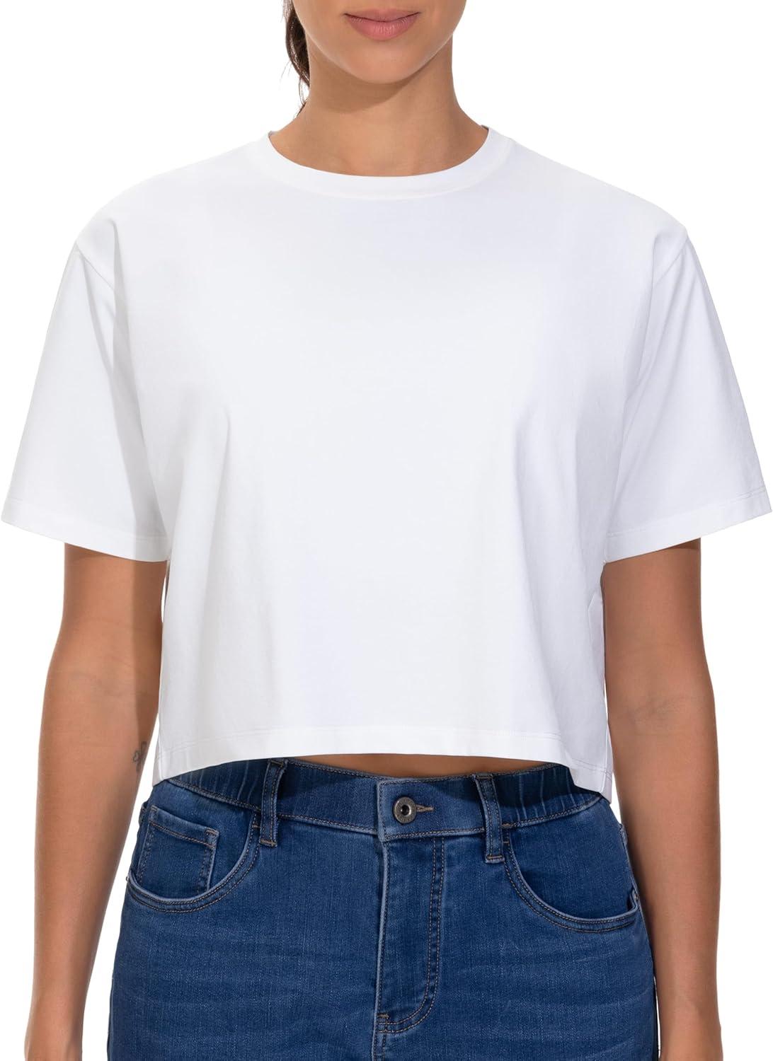 imageTHE GYM PEOPLE Workout Crop Tops for Women Short Sleeve Shirts Loose Fit Yoga Athletic Basic Cropped TShirtsWhite