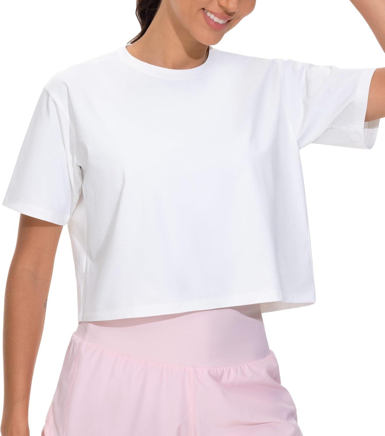 imageTHE GYM PEOPLE Workout Crop Tops for Women Short Sleeve Shirts Loose Fit Yoga Athletic Basic Cropped TShirtsWhite