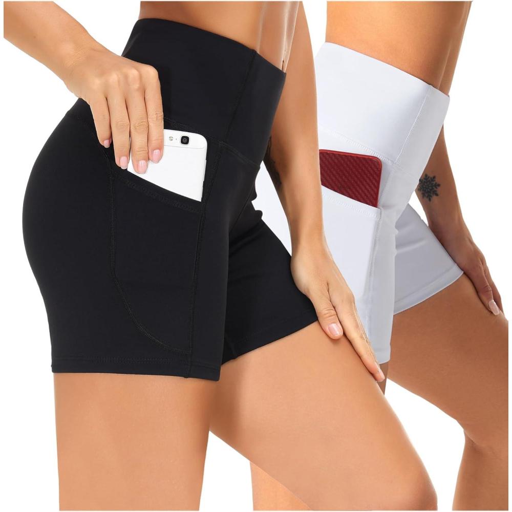 imageTHE GYM PEOPLE 2 Pack Womens High Waist Workout Shorts with Deep Pockets Tummy Control Running Yoga ShortsBlackWhite