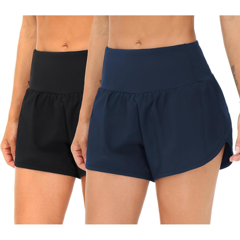 imageTHE GYM PEOPLE 2 Pack Womens High Waisted Running Shorts with Zipper Pockets Liner Quick Dry Athletic Workout ShortsBlackBlue