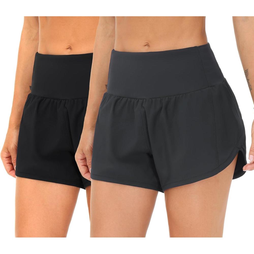 imageTHE GYM PEOPLE 2 Pack Womens High Waisted Running Shorts with Zipper Pockets Liner Quick Dry Athletic Workout ShortsBlackCharcoal Grey