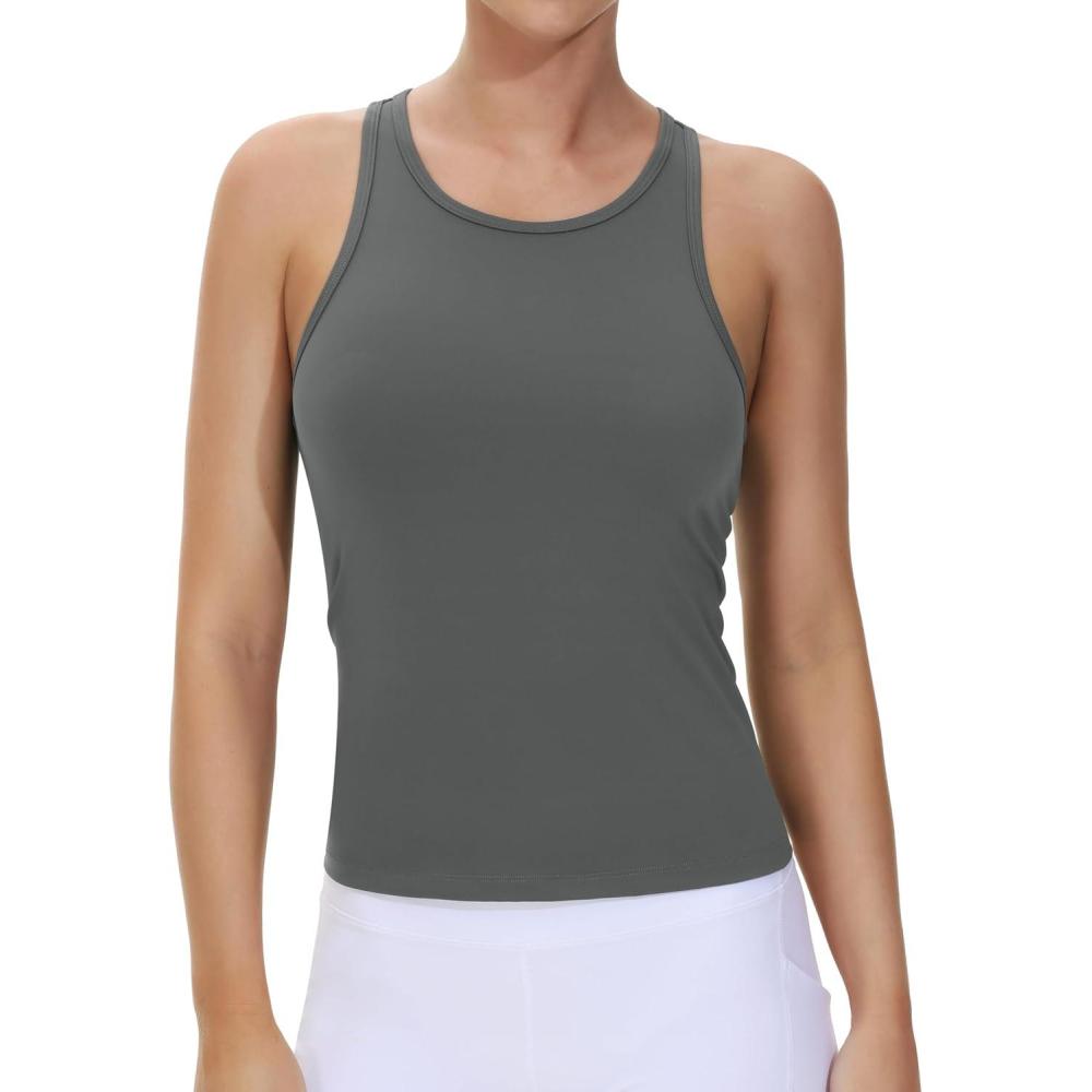 imageTHE GYM PEOPLE Racerback Workout Tank Tops for Women Slim Fit Sleeveless Basic Athletic Running Yoga ShirtsDark Grey
