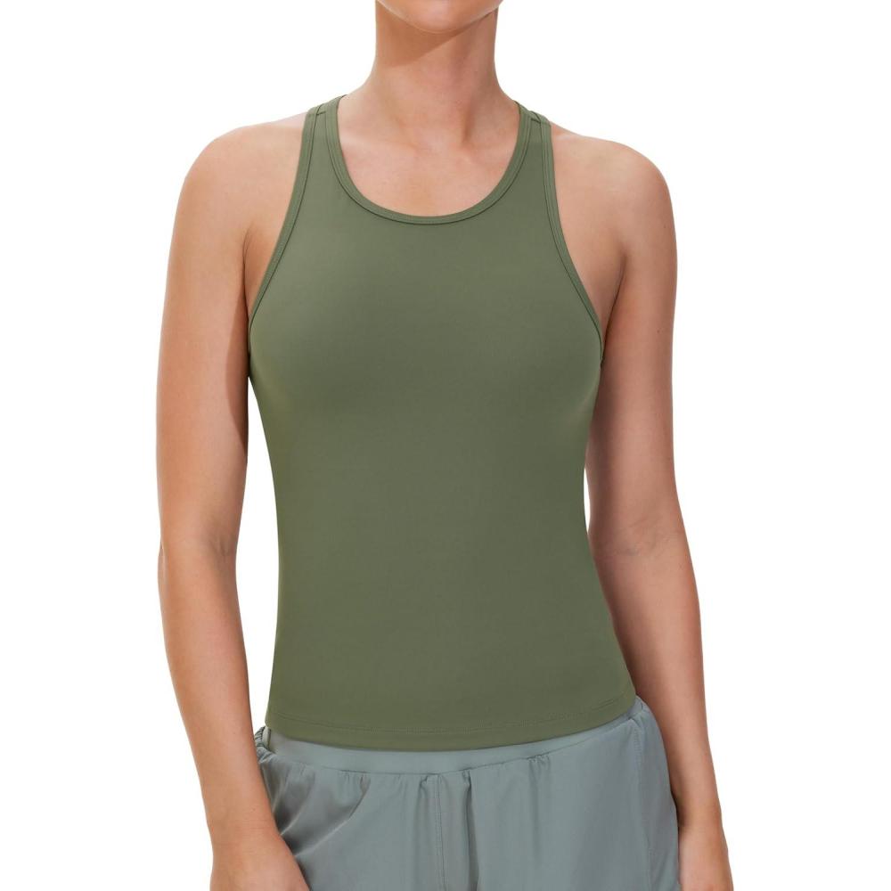 imageTHE GYM PEOPLE Racerback Workout Tank Tops for Women Slim Fit Sleeveless Basic Athletic Running Yoga ShirtsOlive Green