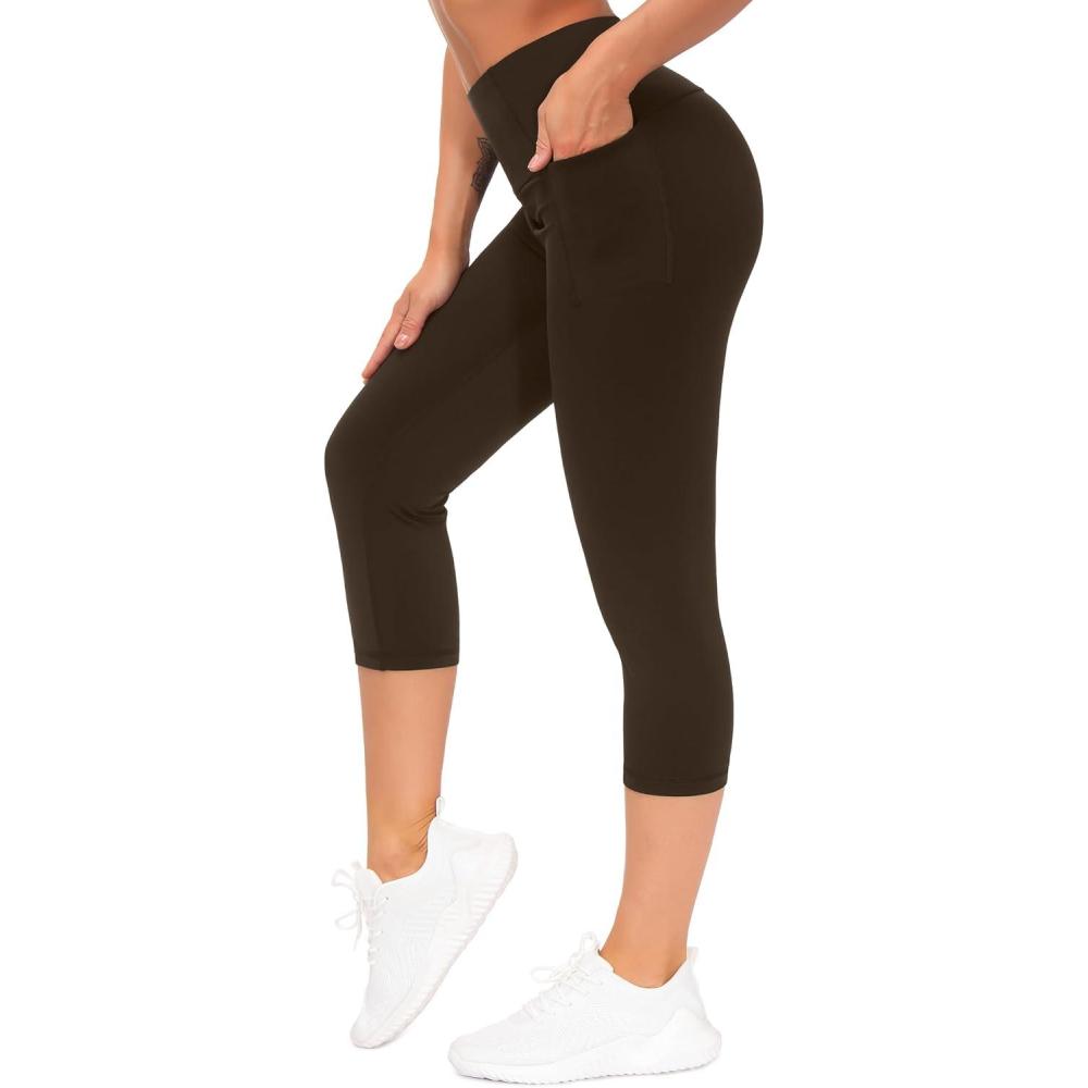 imageTHE GYM PEOPLE Tummy Control Workout Capris Leggings with Pockets High Waist Athletic Yoga Pants for Women Running HikingBrown