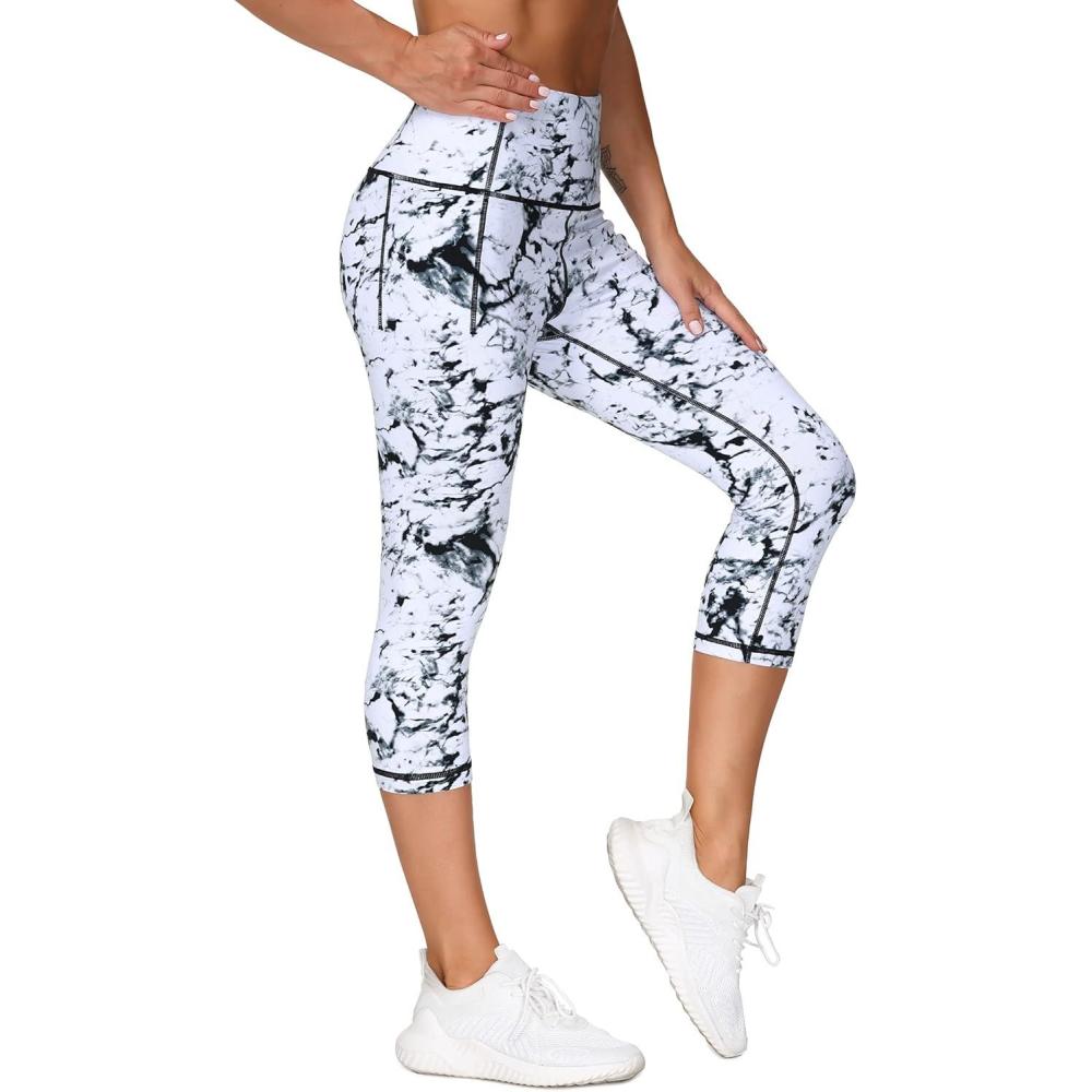 imageTHE GYM PEOPLE Tummy Control Workout Capris Leggings with Pockets High Waist Athletic Yoga Pants for Women Running HikingMarble